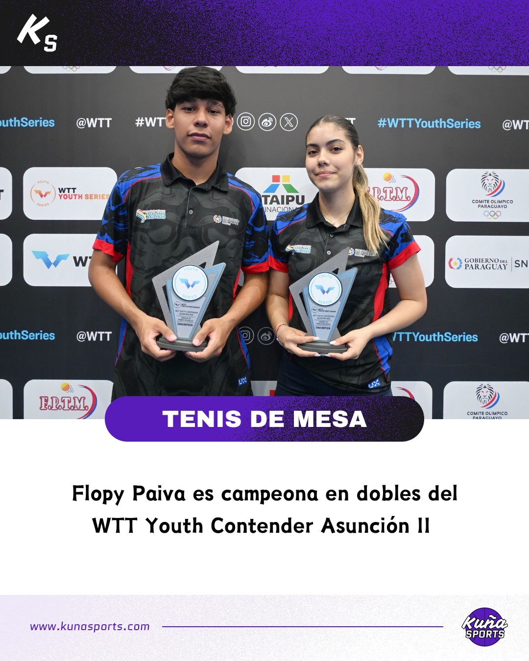 Uno más para la colección.😎
🏓Florencia Paiva conquistó un nuevo trofeo e el circuito mundial juvenil de tenis de mesa.
🏆Esta vez, en el WTT Youth Contender Asunción II, en el que se consagró campeona de Dobles Mixtos U15 junto a Fernando Acuña.
✅La dupla paraguaya venció en la gran final al argentino Luca Marcial y la estadounidense Abigail Yu por un contundente 3-0.
👏🏻¡Felicitaciones chicos!
#KuñaSports💜