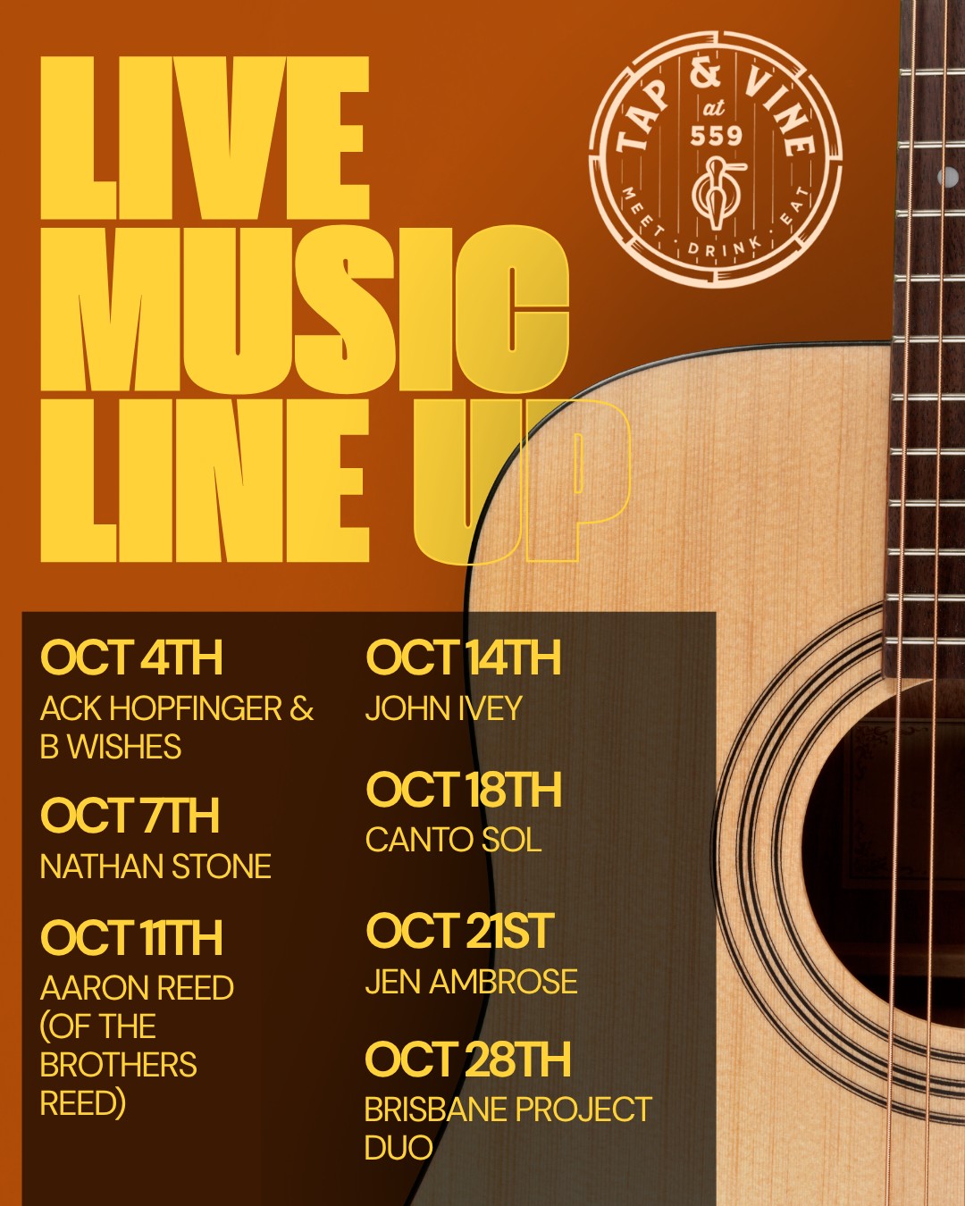 Show Some Local Love…
Our local musicians bring the soul and the soundtrack to our favorite evenings on the patio together. Let’s make sure they feel that love back!
Here’s how you can support them this month:
Tag a friend who needs a night out.
Drop a comment cheering on your favorite artist on the list!
Save this post and come pull up a chair at Tap&Vine to hear them live.
See you this October! 🍷✨
#TapAndVine #LiveMusic #SupportLocalMusic #LocalArtists #OctoberLineup #CommunityFirst