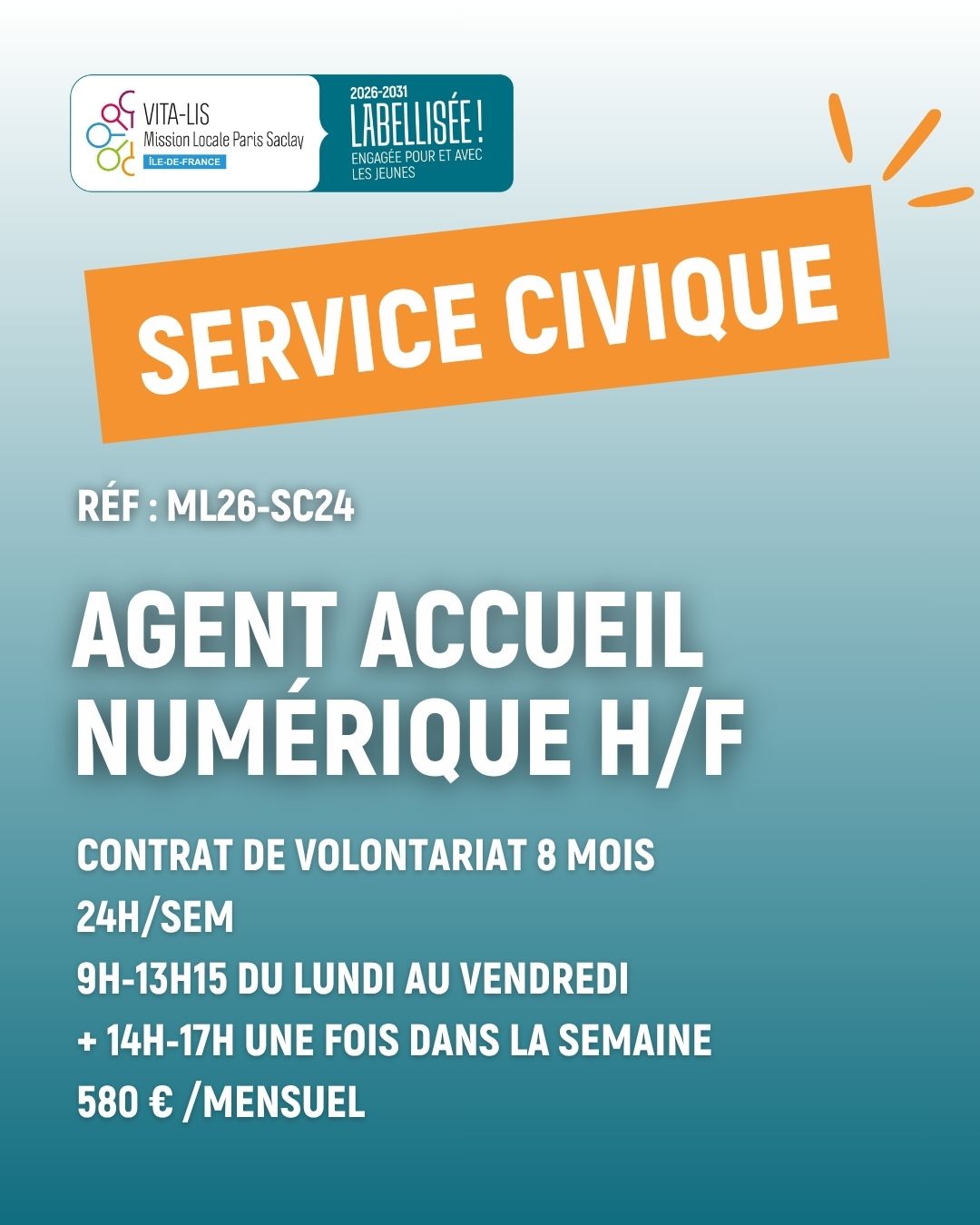 ⭐ NOUVELLE OFFRE | AGENT ACCUEIL NUMERIQUE H/F | ML26-SC24
📋 Contrat de volontariat
🗓️ 8 mois
🕗 24h/semaine : 9h-13h15 du lundi au vendredi et 14h-17h une fois par semaine
📌 Les Ulis
💶 580 € /mensuel
➡️ Mission
Accompagner les demandeurs d'emploi, et notamment les plus en difficulté, dans l'utilisation des outils numériques : services en ligne, borne en libre-service, applications mobiles, emploi store, etc.
✅ Objectifs
- Permettre aux utilisateurs de se familiariser avec les outils digitaux avec l'appui d'un conseiller en agence
- Aider à la réalisation des démarches courantes et leur permettre ainsi de gagner en autonomie sur les services qui les concernent le plus
- Etre en appui des personnes dans l'accès à l'information sur les services digitaux de la structure et de ses partenaires
👉 Pour postuler, tu peux :
🔗 Cliquer sur le lien en bio
✉️ Envoyer ton CV par mail (en précisant la référence de l’offre) à espaceemploi@mlvitalis.org
