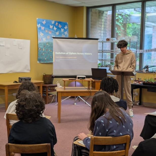 From the teacher: This student presents his year-long research project on the development of cyphers (codes used to conceal messages or any information more generally) over time, from an early modern French cypher to the Enigma machine used during WWII to the emergence of digital encryption on computers (AES).