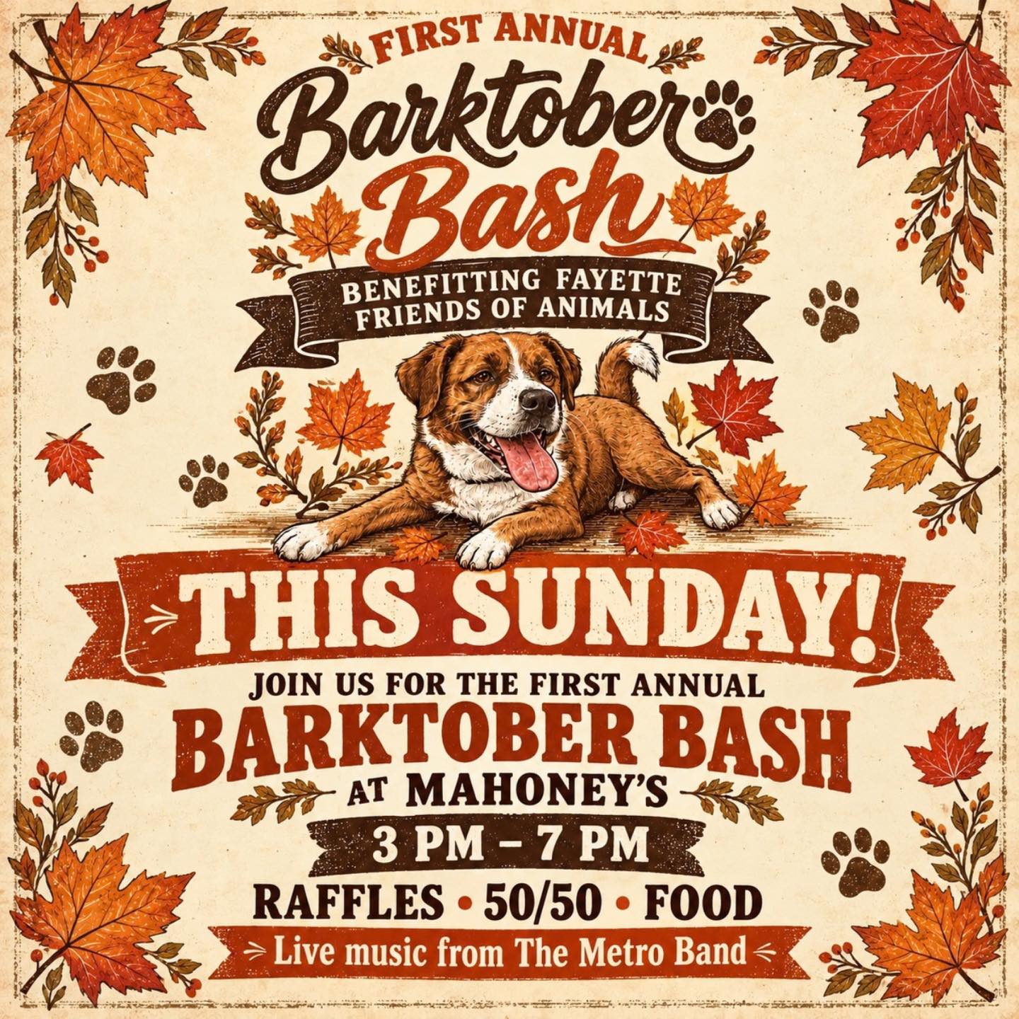 🐾🍂 We’ll see you at Mahoney’s tomorrow for Barktober Bash!
Come spend your Sunday with us for a fun afternoon benefiting the animals at Fayette Friends of Animals. ❤️
🎶 Live music by Metro Band
🍔 Food, drinks & vegetarian options
🎟️ Raffle baskets
💰 50/50
🐶 A few of our shelter pups making an appearance
🍂 And plenty of fall fun!
📅 Sunday, October 4
⏰ 3:00–7:00 PM
📍 Mahoney’s Fork & Froth, 58 East Fayette St., Uniontown
🎉 FREE admission
And don’t forget your $5 raffle ticket for a chance to win $2,500 at 7:00 PM!
🎟️ https://givebutter.com/FFOABarktoberBash
We can’t wait to see you there! 🐾
#BarktoberBash #FallFun #SupportShelterPets #UniontownPA #FayetteFriendsOfAnimals #KennelLicense2056
PA Kennel License #2056