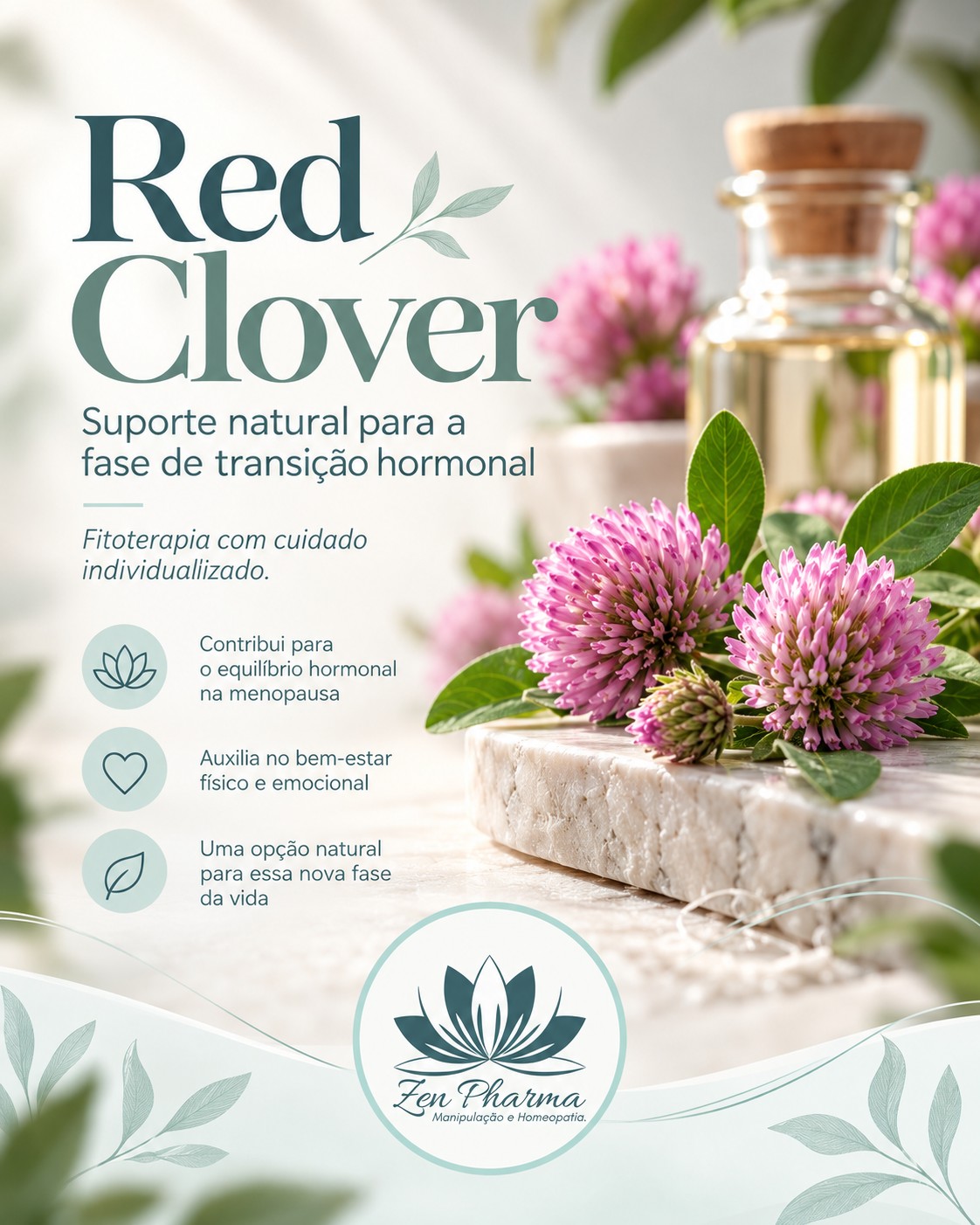 Red Clover: suporte natural para a fase de transição hormonal
O Red Clover, ou Trevo Vermelho (Trifolium pratense), é um ativo vegetal conhecido principalmente pela presença de isoflavonas, compostos naturalmente encontrados em algumas plantas e estudados pelo seu potencial de interação com vias relacionadas ao estrogênio.
Por isso, ele costuma ser utilizado em estratégias voltadas especialmente à saúde da mulher no climatério e na menopausa.
Na prática, o Red Clover pode fazer parte de protocolos que buscam:
✅ suporte ao bem-estar durante o climatério
✅ auxílio em estratégias para ondas de calor
✅ apoio ao equilíbrio da rotina nessa fase da vida
✅ suporte à saúde óssea e cardiovascular dentro de um acompanhamento profissional
✅ formulações individualizadas conforme a necessidade de cada paciente
Mas existe um ponto importante: nem toda mulher precisa do mesmo tipo de suporte.
Sintomas, histórico clínico, uso de medicamentos, presença de condições hormonossensíveis e o próprio momento da vida precisam ser considerados antes da escolha do ativo.
Além disso, os estudos sobre Red Clover mostram resultados variáveis, especialmente em relação aos sintomas da menopausa. Por isso, ele deve ser visto como parte de uma estratégia bem construída — e não como uma solução isolada.
Na Zen Pharma, cada formulação é preparada respeitando a prescrição, a qualidade da matéria-prima e a individualidade de quem vai utilizá-la.
Porque cuidar da saúde feminina também é entender que cada fase pede um olhar diferente.
Red Clover: fitoterapia aplicada ao cuidado feminino de forma personalizada e responsável. 💚
Zen Pharma Manipulação e Homeopatia
Ser Zen está em nosso DNA!