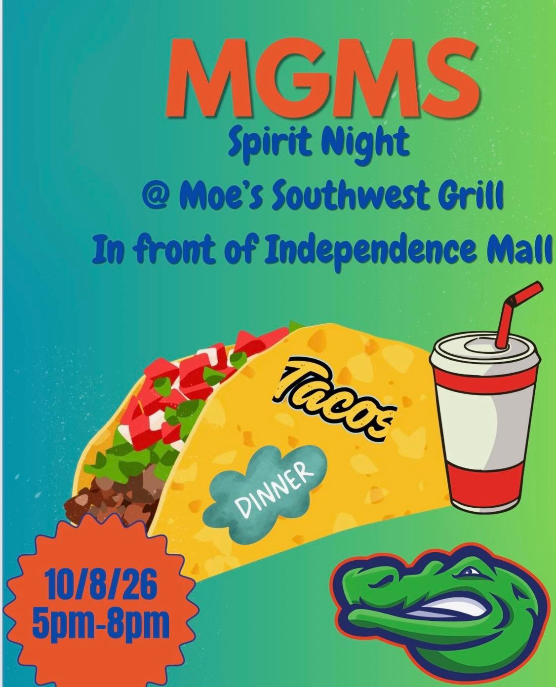 Join us THURSDAY at Moeβs at the Mall for our next Spirit Night! Support our school and score some yummy dinner. See you there, Gators πππ§‘!