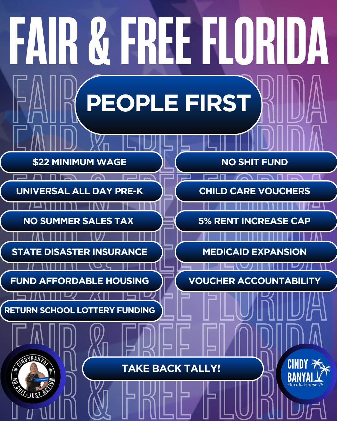 Here’s how we are gonna put people first when we take back Tallahassee. What’s your favorite part of the Fair and Free Florida plan? Raising minimum wage to $22/hr? Or maybe full day universal pre-k? Capping rental price hikes? Fixing the insurance crisis? If you want these things, we gotta take back Tally! Who’s with me!?! #fortmyers #hd78 #noshit #takebacktally #election2026