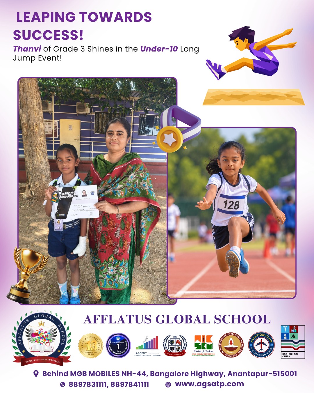 Leaping Towards New Heights!
Proud of our Grade 3 athlete, Thanvi, for showcasing her talent and determination in the Under-10 Long Jump event. Keep jumping higher and chasing your dreams!
#Thanvi #LongJump #Under10 #YoungAthlete #SportsExcellence #ProudMoment #StudentAchievement