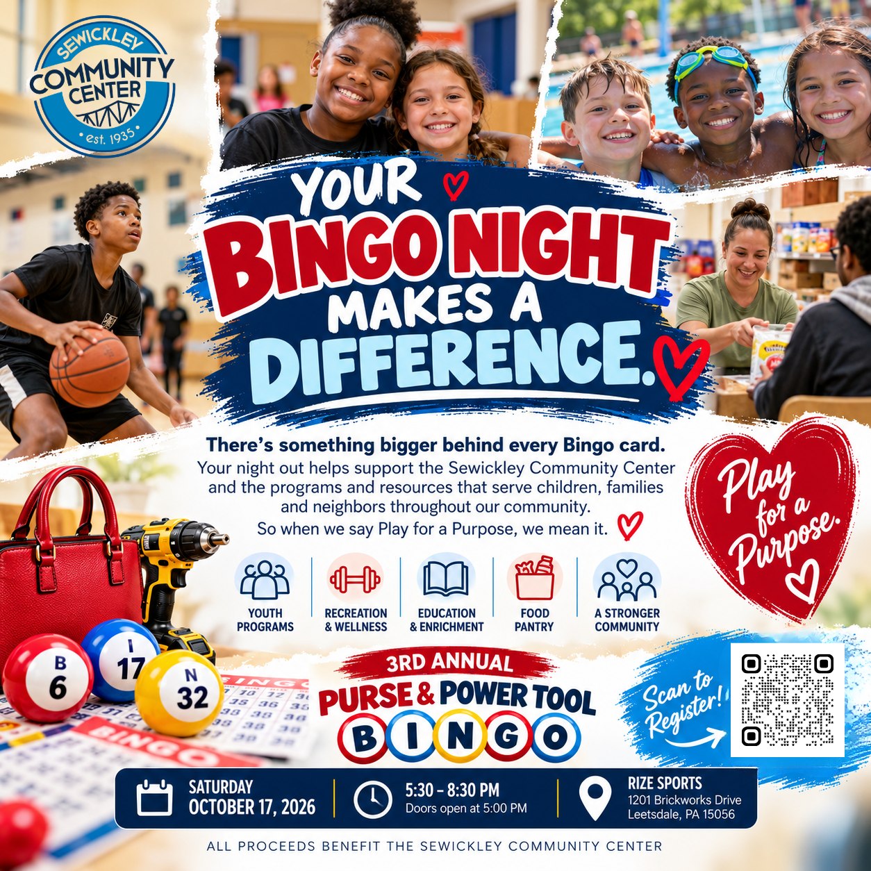 Community Impact / Play for a Purpose
-
Something bigger is behind every Bingo card. Your night out helps support the Sewickley Community Center and the programs and resources that serve children, families, and neighbors throughout our community. So when we say Play for a Purpose, we mean it.
-
Come have a great night—and help us keep building a stronger community together.