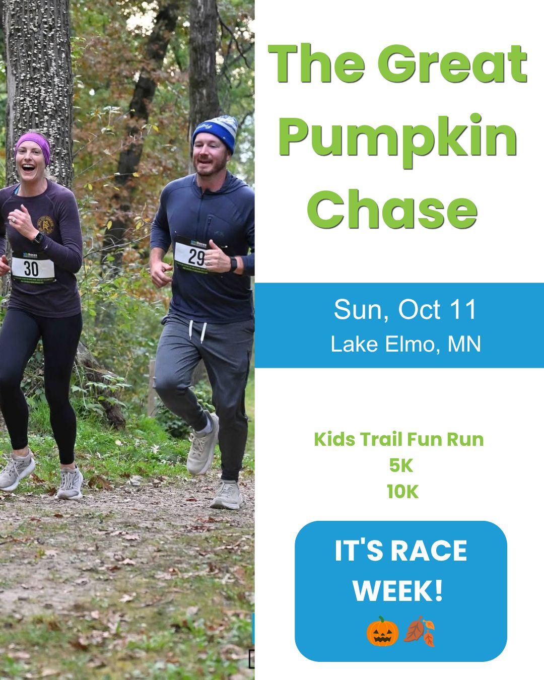 Race week feels like no other week. ππ Whether you're lining up for the Kids Trail Fun Run or doubling up on the 10K and 5K back to back, Sunday is going to be a great day at Lake Elmo Park Reserve.
See you at the start line! π
#MMRaces #GreatPumpkinChase #FallRacing #MinnesotaRunning #TwinCitiesRunning