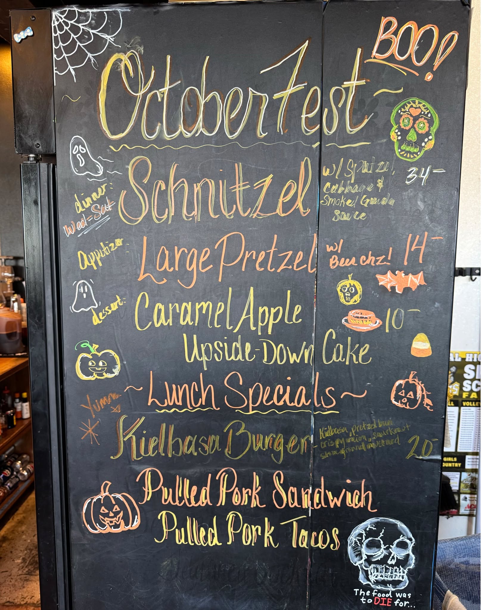 Our Oktoberfest specials are in full swing!! Don’t miss the Kielbasa Burger (available at lunch): a pretzel bun with grilled kielbasa, sauerkraut, crispy fried onions, pub cheese, and stone-ground mustard! Pair it with a side of Sauerkraut Soup: sauerkraut, bacon, potato, celery, and carrot! Yum!