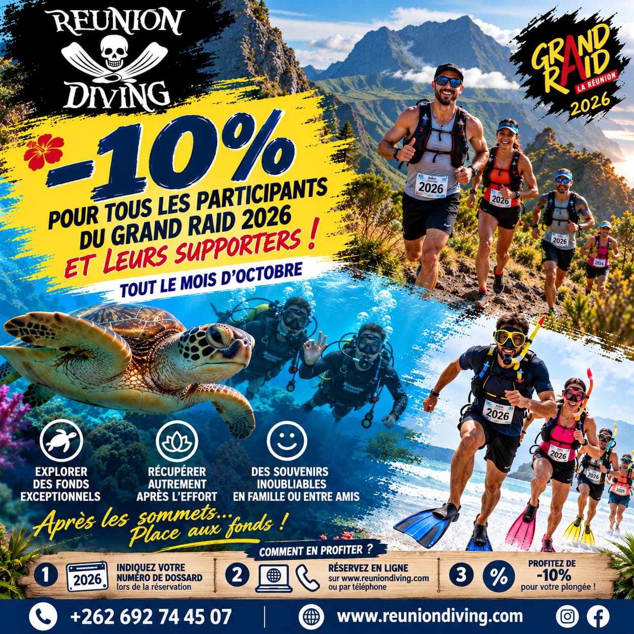 🏃♂️ DU SENTIER… AUX FONDS MARINS ! 🤿🌊
À l’occasion du Grand Raid 2026, REUNION DIVING a décidé de faire durer l’aventure… sous l’eau !
Pendant tout le mois d’octobre, nous offrons –10 % sur vos plongées à tous les participants du Grand Raid 2026 ainsi qu’à leurs supporters.
Après les kilomètres, les dénivelés et les sentiers de La Réunion, troquez vos baskets contre une paire de palmes et venez découvrir les merveilles des fonds réunionnais. 🐢
Pour profiter de l’offre : indiquez simplement le numéro de dossard du participant lors de votre réservation ou précisez le lorsque vous nous contactez.
📞 Réservation par téléphone : +262 692 74 45 07
🌐 Réservation en ligne : www.reuniondiving.com�
📅 Offre valable pendant tout le mois d’octobre 2026.
Après les sommets… place aux fonds ! 🤿
#ReunionDiving #GrandRaid2026 #GrandRaid #DiagonaleDesFous #LaRéunion #IleDeLaRéunion #PlongéeLaRéunion #Plongée #ScubaDiving #TrailRunning #TrailRéunion #TeamGrandRaid #RunDiveRepeat