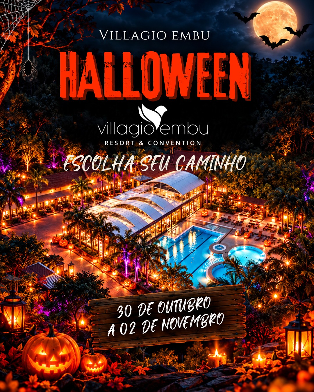 🎃 HALLOWEEN VILLAGIO 2026 👻
Prepare a fantasia e venha viver um Halloween diferente no Villagio Embu!
De 30 de outubro a 02 de novembro, o resort se transforma em um verdadeiro cenário de mistério, diversão e aventuras para toda a família.
Durante o feriado, teremos uma programação especial com atividades para crianças e adultos, incluindo desafios, oficinas, brincadeiras, atividades esportivas, caça aos doces e muito mais.
E quando a noite chegar... é hora da NOITE HORRIPILANTE.
Labirinto do Horror, Escola de Magias, Escape Room, Trilha Noturna e experiências que vão colocar sua coragem à prova.
Para os pequenos, também teremos momentos especiais como Gostosuras ou Travessuras, oficinas, cinema Halloween Kids, caça aos doces e atividades temáticas.
Prepare sua fantasia, reúna a família e venha descobrir o que está esperando por você no Villagio.
Você teria coragem de encarar essa noite?
📅 30/10 a 02/11
📍 Villagio Embu Resort & Convention
#HalloweenVillagio #Halloween2026 #VillagioEmbu #HalloweenEmbu #FeriadoEmFamília #DiversãoEmFamília #NoiteHorripilante #EmbuDasArtes