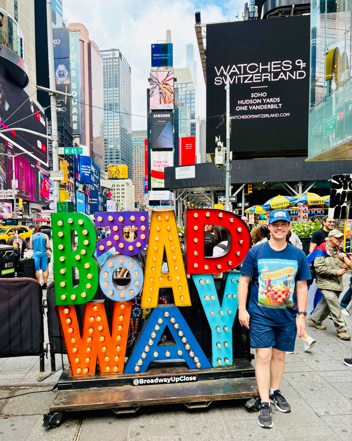 We're excited to spotlight this week's #FridayFave: Zach (@zackbroadway1)! As you can tell by his shirt, he is quite the Schimgadoon and theatre aficionado. Thanks for stopping by our BROADWAY Sign, Zach!