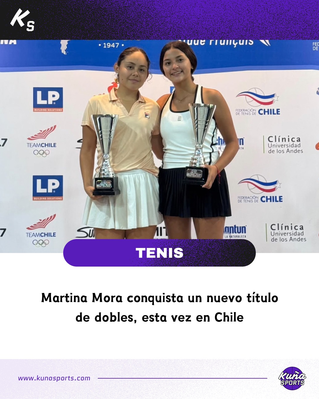 Un nuevo título para Martina.😎
🎾Tras consagrase en Uruguay el finde anterior, Martina Mora volvió a conquistar un título de dobles este fin de semana en el circuito COSAT.
🏆Junto a Camila Zabala se consagraron en Dobles 16 años del Open Sated Francais, torneo G1, en Santiago de Chile.
✅Paraguaya y ecuatorina vencieron en la gran final a la argentina Martina Piccolo y la peruana Triana Tocón por 6-3, 6-4.
👏🏻¡Felicitaciones Martina!
#KuñaSports💜