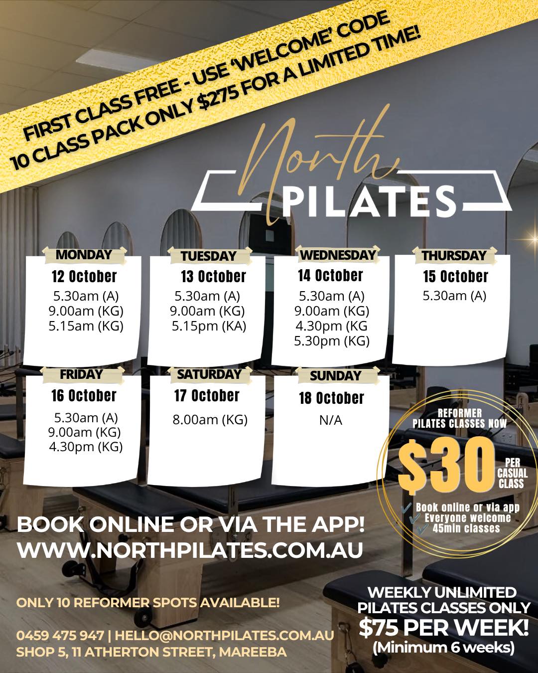 ✨ CHECK OUT OUR SCHEDULE ✨
🌟 NEW TO NORTH PILATES?
Your first class is FREE — simply use the welcome code when booking! All fitness levels encouraged!
We know life gets busy, so we’re making it easier to fit Pilates into your week! 🤍
Our class schedule is loaded into the North Pilates app in advance, so you can jump on, check upcoming classes and book your favourite times ahead of time. 📲
Whether you love an early 5:30am session, a morning class or prefer an afternoon workout, planning ahead means you can lock in your spot and make Pilates part of your routine. 💪✨
And don’t forget our great pricing options:
✨ Casual Class — $30
✨ 10 Class Pack — $275
✨ Unlimited Classes — $75/week
✨ FIFO Unlimited — $75/fortnight
✨ Junior — $20
✨ Senior Casual — $25
✨ Senior 10 Class Pack — $225
✨ One-on-One Sessions — $85/hour
With only 10 reformers available per class, booking ahead is the best way to secure the sessions that suit you.
📲 Jump onto the app, check out the upcoming schedule and get your classes booked in advance!
We can’t wait to see you in the studio! 🖤✨