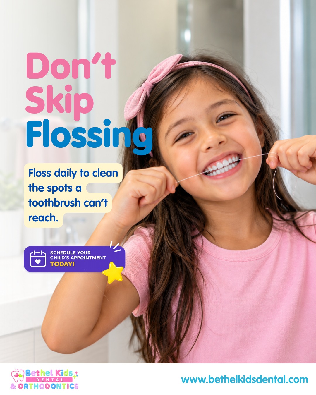 ๐ชฅ Parents, here's your National Dental Hygiene Month reminder: don't skip the floss! ๐งต
A toothbrush only cleans part of the tooth. Daily flossing reaches the tight spaces in between, helping prevent cavities and keep little gums healthy. ๐ช
๐ก Tip: Floss picks or fun-flavored floss can make it easier (and more exciting!) for kids to do on their own.
Not sure if your child is flossing the right way? Our team is happy to show you at their next visit! ๐
๐
Book now: https://bit.ly/BethelKidsDentalBooking
๐ Serving families in Lodi, Manteca & Sacramento
๐ www.bethelkidsdental.com
#NationalDentalHygieneMonth #FlossDaily #BethelKidsDental #KidsDentalCare #PediatricDentistry #ParentingTips #HealthyHabits #LodiCA #MantecaCA #SacramentoCA