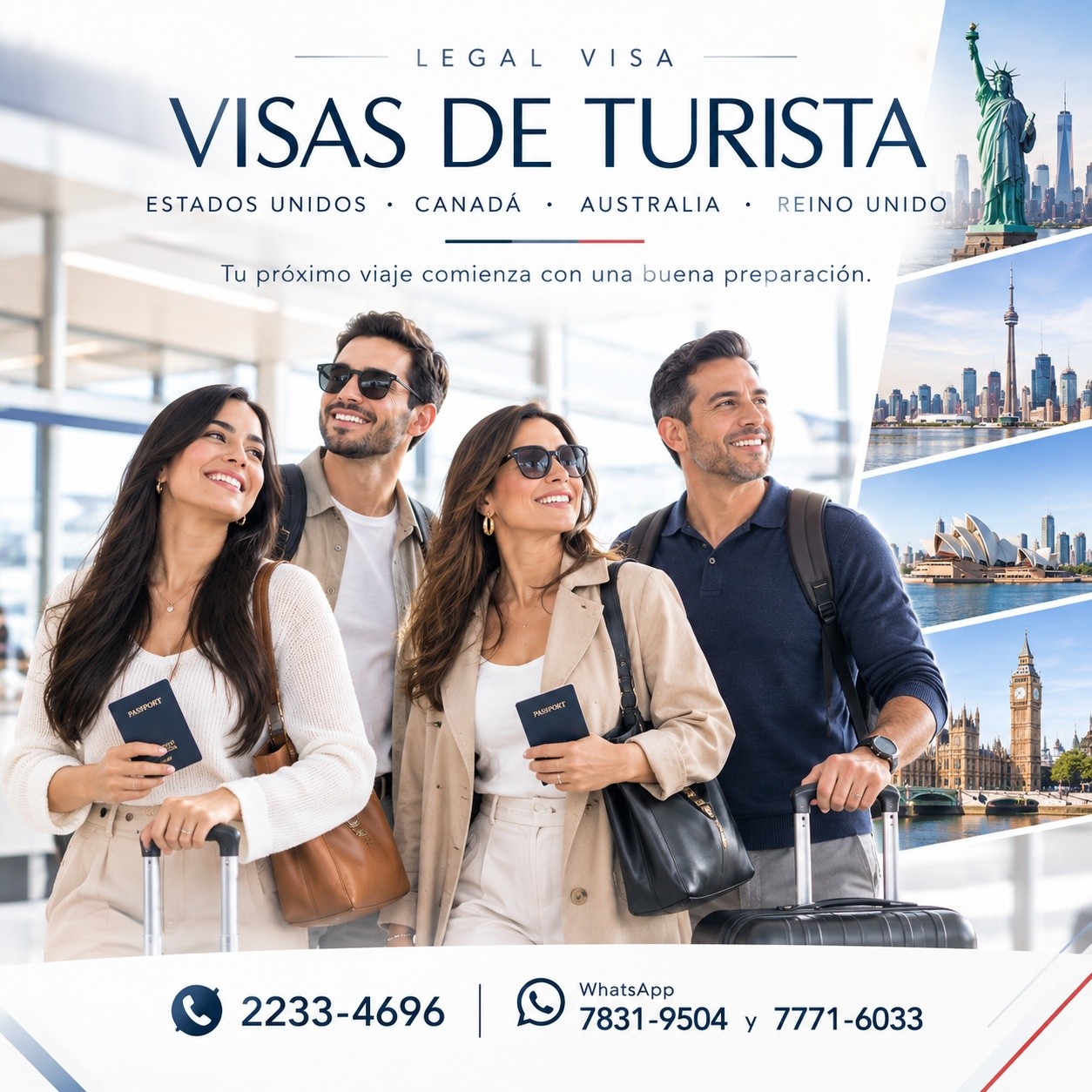 🌎 EL VIAJE QUE SUEÑAS COMIENZA CON UNA DECISIÓN✈️
¿Quieres viajar como turista a USA, Canadá, Australia o Reino Unido? 🇺🇸🇨🇦🇦🇺🇬🇧
En Legal Visa Asesoría Migratoria te brindamos orientación personalizada para preparar tu proceso de visa de turista de acuerdo con tu perfil y destino.
📲 Escríbenos y agenda tu asesoría.
2233-4696 • 7831-9504 • 7771-6033