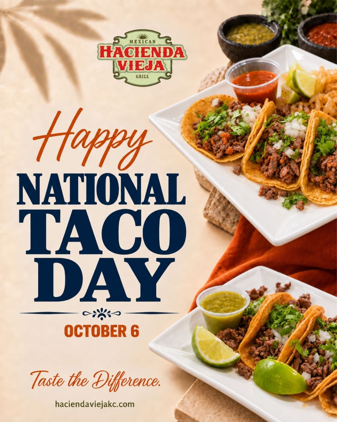 National Taco Day calls for tacos done right. 🌮🔥
Celebrate with us this October 6 at Hacienda Vieja.
Taste the Difference.
#NationalTacoDay #HaciendaViejaKC