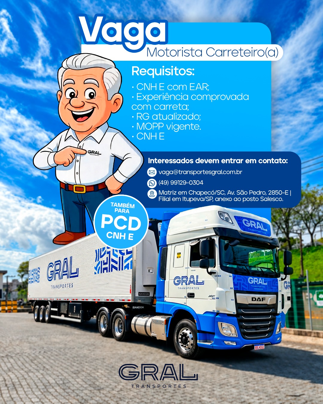 A Transportes Gral está com vaga aberta para Motorista Carreteiro(a).
Se você tem experiência com carreta, responsabilidade na estrada e atende aos requisitos da função, essa oportunidade pode ser para você.
Requisitos:
* CNH E com EAR
* Experiência comprovada com carreta
* RG atualizado
* MOPP vigente
Vaga também disponível para PCD com CNH E.
Interessados podem entrar em contato:
📧 contratacao@transportesgral.com.br
📱 (49) 99129-0304
Transportes Gral. Para quem entende o valor de seguir bons caminhos. 🚛