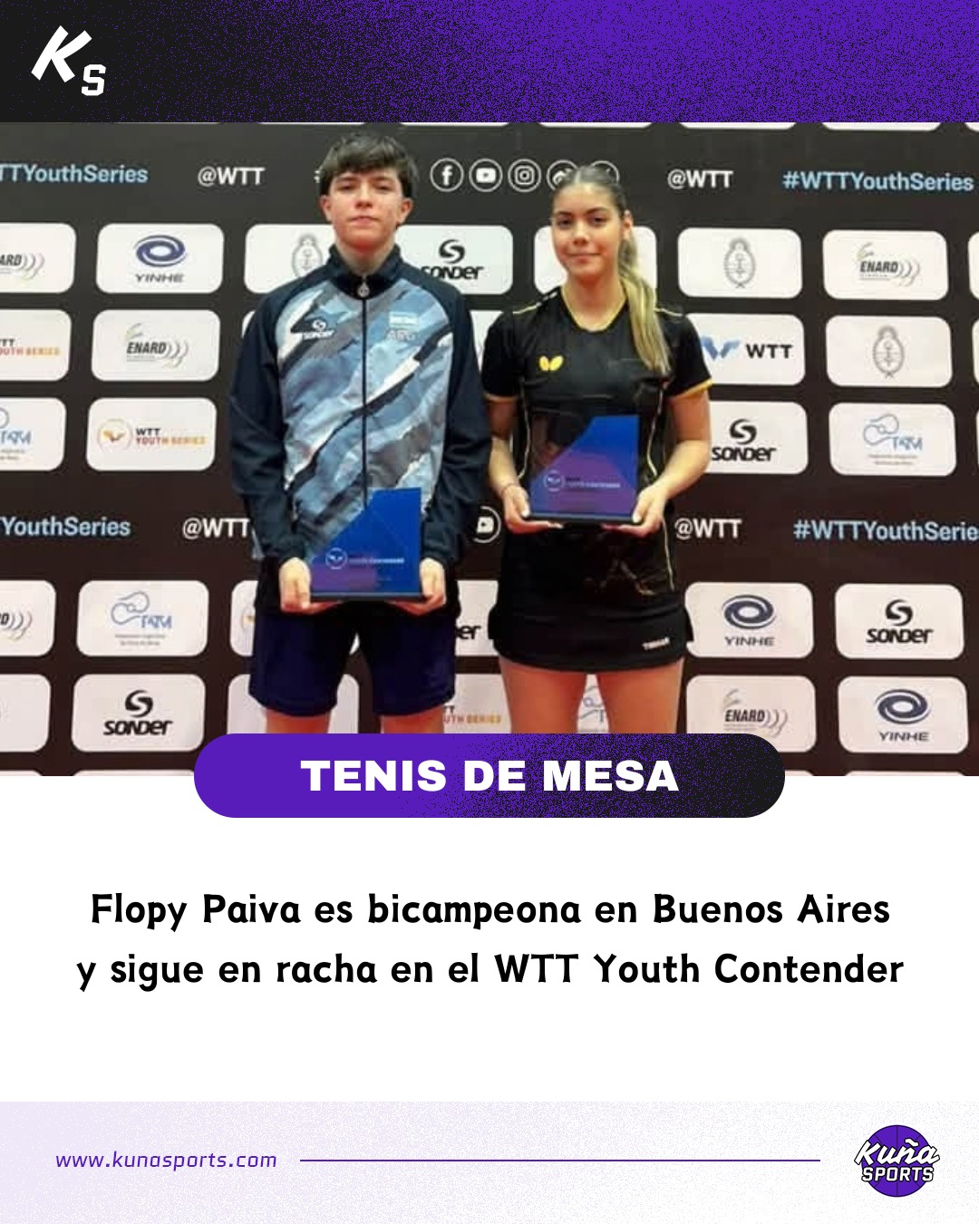 No hay dos sin tres.😎
🇵🇾Luego de haber ganado el WTT Youth Contender Asunción II, Florencia Paiva volvió a ser campeona en el circuito mundial juvenil de tenis de mesa.
🇦🇷En esta ocasión fue en el WTT Youth Contender Buenos Aires, mismo certamen que ya la había visto celebrar en marzo pasado.
🏆Junto al argentino Juan Axon, vencieron en la final del Dobles Mixto U15 al canadiense Alexus Lee y al argentino Bruno Di Girolamo por 3-2.
👸🏻Dos títulos en Buenos Aires, un título en Asunción y la corona de reina del dobles U15 para Flopy.
👏🏻¡Felicitaciones supercampeona!
#KuñaSports💜