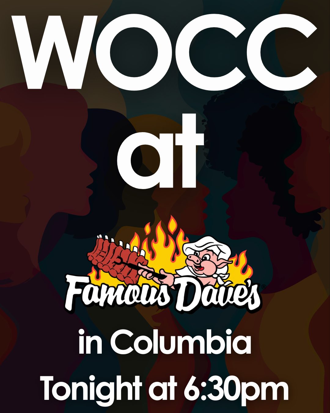 WOCC Has their October Meeting at Famous Dave's - Tonight, October 5
Please join us for the WOCC October meeting, dinner, and fellowship tonight. We will gather at 6:30 p.m. at Famous Dave's Barbeque, conveniently located in Columbia Crossing near Target. This is a wonderful opportunity to enjoy a great meal and connect with others in our community. We look forward to seeing you there for a wonderful time together!