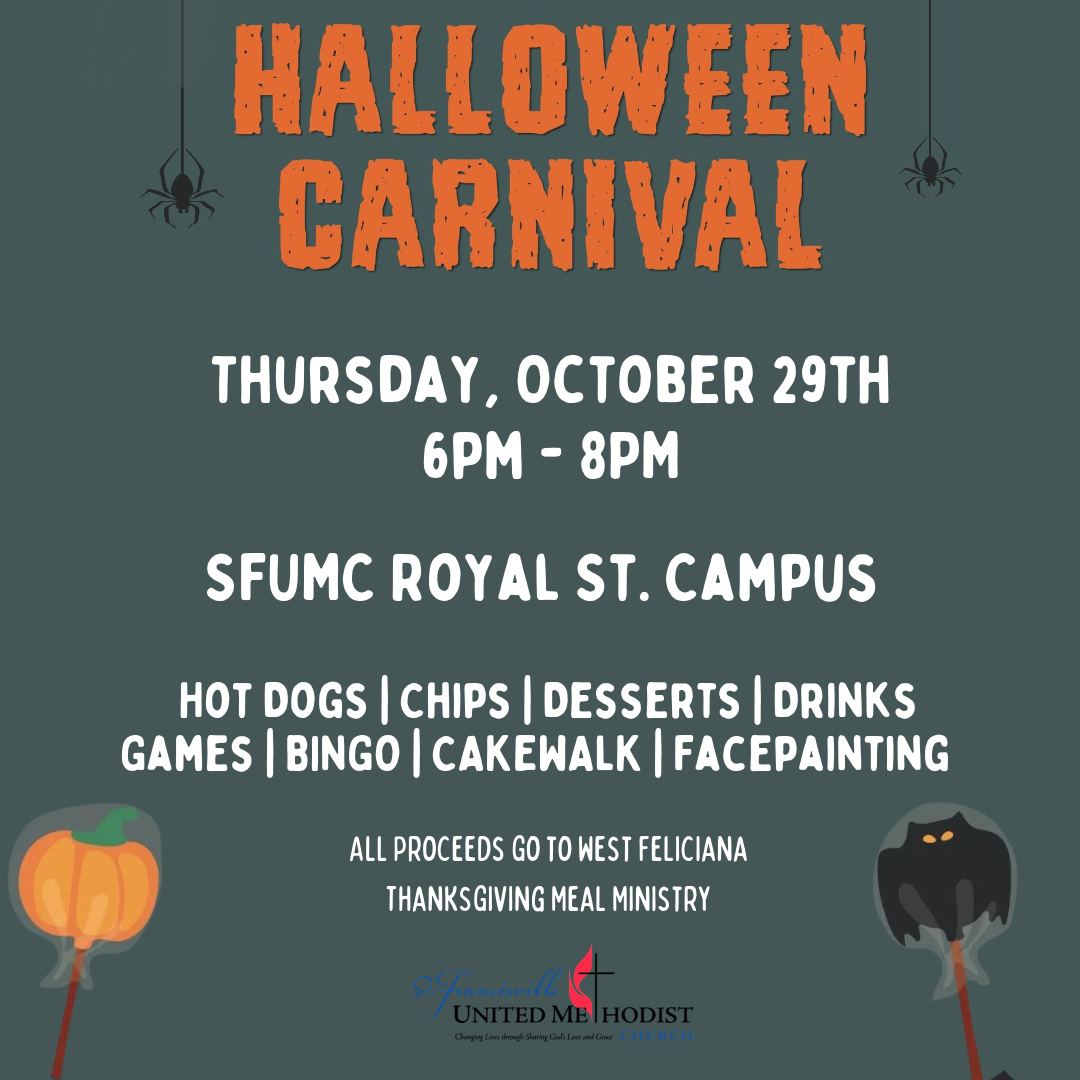 Halloween Carnival time is almost here! Taking place Thursday, October 29th from 6–8 PM in concert with the town of St. Francisville Trick-or-Treating. As always we'll have food, games, bingo, the always popular cakewalk, face painting, and plenty of Halloween fun!
Bring your family, invite a friend, and come enjoy a great night, all while supporting a great cause!
