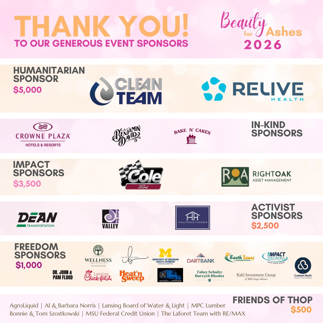 Last night, our THOP community came together to celebrate transformation, hear stories of courage and resilience, and invest in the futures of women who are rebuilding their lives.
We are grateful for every person who helped make Beauty for Ashes 2026 a huge success. Thank you for showing up for women survivors!
To our generous event sponsors and Community Impact Partners, thank you for believing in our mission and choosing to invest in the women we serve.
Stay tuned for event photos coming soon.