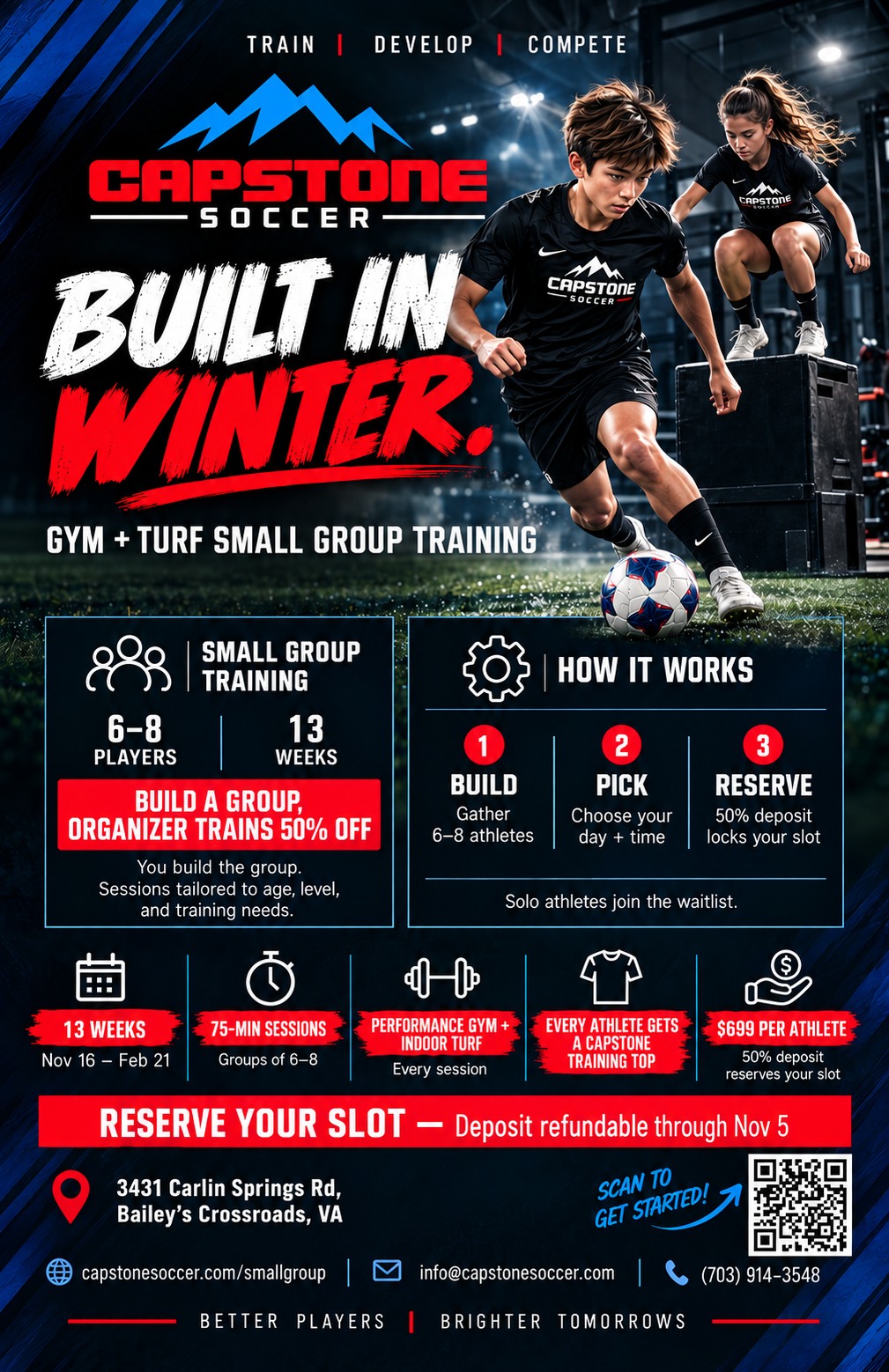 24 GROUP SLOTS. THAT'S IT.
Last winter, we sold out by November. And this year, we're giving families a chance to get ahead of the rush.
Our Winter Small Group Training is back, combining speed, strength, power, and technical soccer training into one 75-minute session.
- 6–8 players per group
- Performance gym + indoor turf
- More reps, more touches, and individual feedback
- Approximately 16 hours of training this winter
NEW THIS YEAR! 👀
Grab 5–7 teammates, build your own group, and lock in a guaranteed weekly training slot. Once your group reaches 6 players, the organizer only pays the deposit!
No group? You can still join the waitlist.Weekday evenings and weekends available (excluding Tuesdays).
Only 24 group slots available, and we expect them to go fast.
📲 Get your group together and secure your spot before they're gone! https://bit.ly/4dWW0vW
Earn The Right To Be The Best.
#TrainCapstone #EarnTheRight #WinterTraining #SoccerDevelopment #SmallGroupTraining