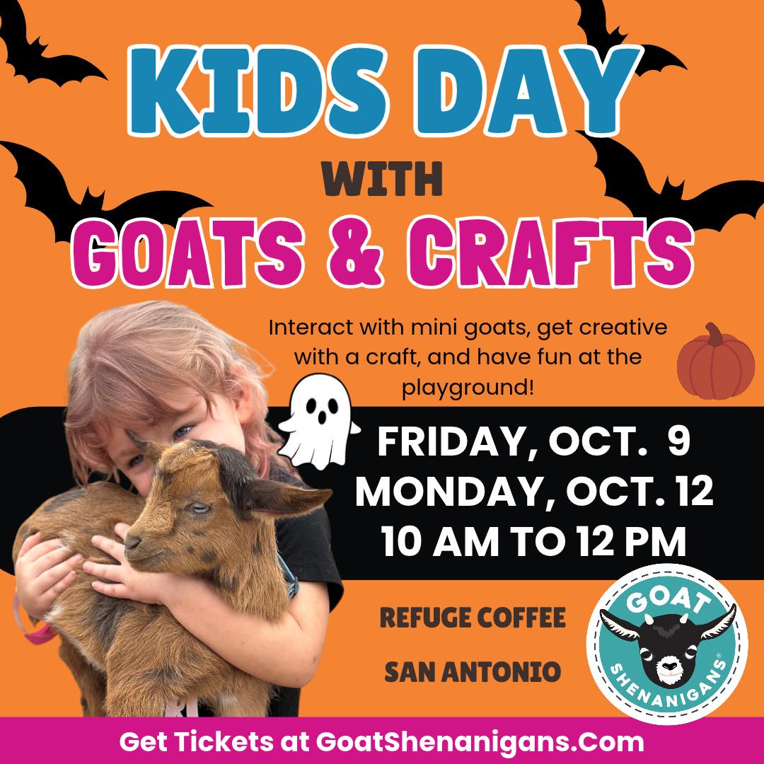School's out for the kids, which means our (goat) kids are out, too! 🐐
Bring your little ones to our kids-only goat days this Friday, Oct. 9, and Monday, Oct. 12, at @refugecoffeeandbeer in San Antonio and @hiveaustin in Austin!
📍 San Antonio
Where: Refuge Coffee + Beer Garden (11011 Shaenfield Rd)
Dates: Friday, Oct. 9 & Monday, Oct. 12
Time: 10 AM to 12 PM
📍 Austin
Where: The Hive (10542 Menchaca Rd)
Dates: Friday, Oct. 9 & Monday, Oct. 12
Time: 9:30 AM to 11:30 AM
Kids get two hours to cuddle and play with our mini goats, plus coloring or crafts and a playground. Parents, enjoy the cooler weather and grab a coffee and relax ☕.
Spots are limited, so grab your tickets from the links in our stories!
#GoatShenanigans #AustinKids #SanAntonioKids #AustinMoms #SATXMoms #KidsActivities #MiniGoats #ThingsToDoInAustin #ThingsToDoSA #FamilyFun