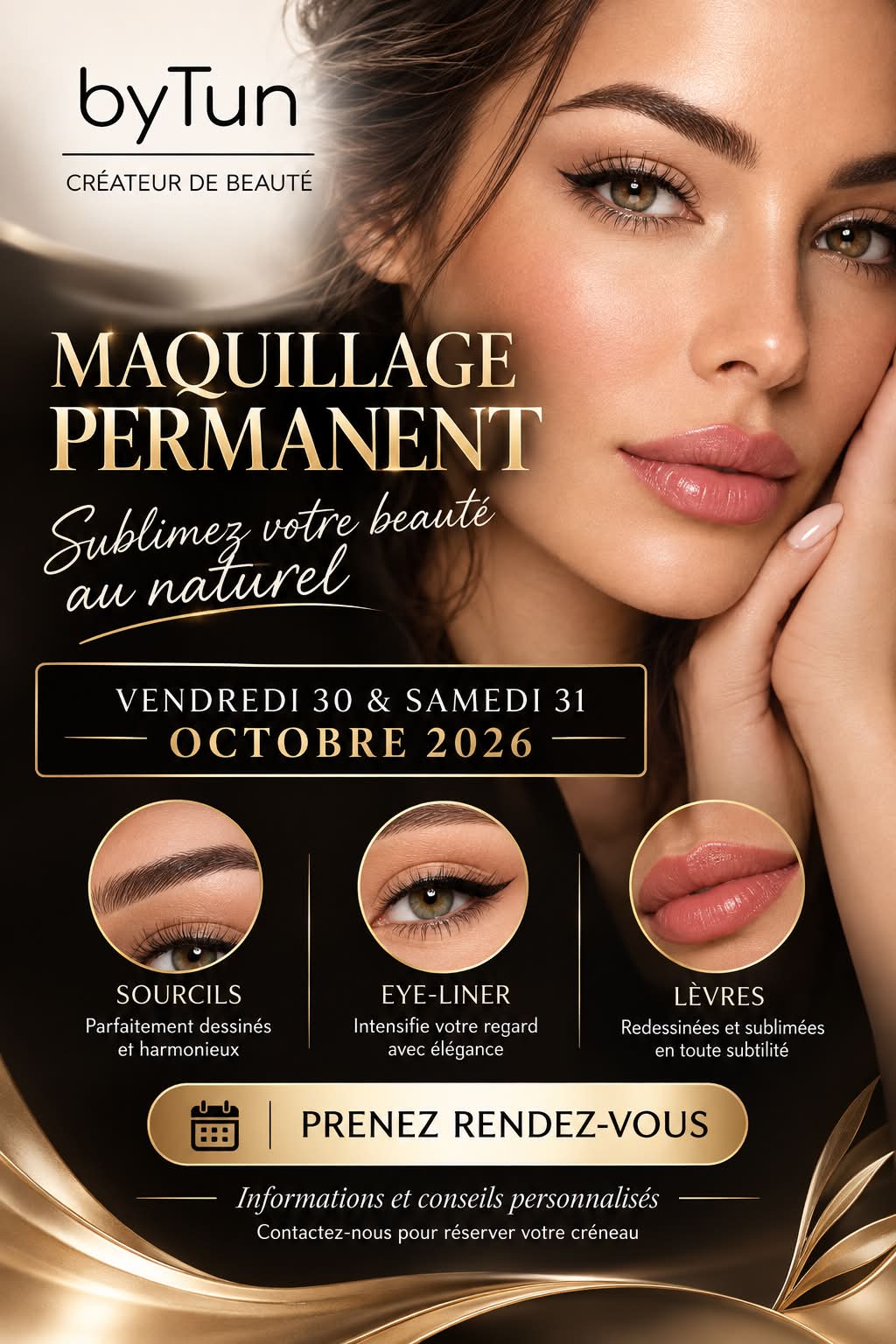 ✨ SUBLIMEZ VOTRE BEAUTÉ AU NATUREL ! ✨
💋 MAQUILLAGE PERMANENT CHEZ byTun
Envie d’un regard plus intense, de sourcils parfaitement dessinés ou de lèvres délicatement redessinées ?
Offrez-vous une mise en beauté élégante et révélez votre beauté naturelle grâce au maquillage permanent.
📅 Vendredi 30 & samedi 31 octobre 2026
💎 Sourcils • Eye-liner • Lèvres
📞 Prenez rendez-vous dès maintenant !
📩 Contactez-nous pour vos rendez-vous, des informations personnalisées et des conseils adaptés à vos envies.
byTun – Créateur de Beauté
#byTun #MaquillagePermanent #Beauté #Sourcils #Eyeliner #Lèvres #Luxembourg