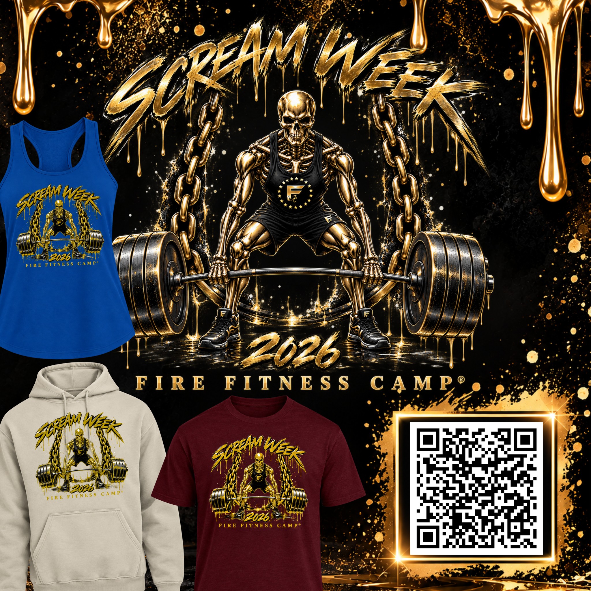 SCREAM WEEK 2026 APPAREL HAS ARRIVED! 🔥💀
This year's design is LOUD, BOLD, and dripping in GOLD! 💛⛓️
Hoodies, tees, tanks & more! 📲 SCAN THE QR CODE TO SHOP!
*Pre-order deadline: Thursday, October 15th at NOON.