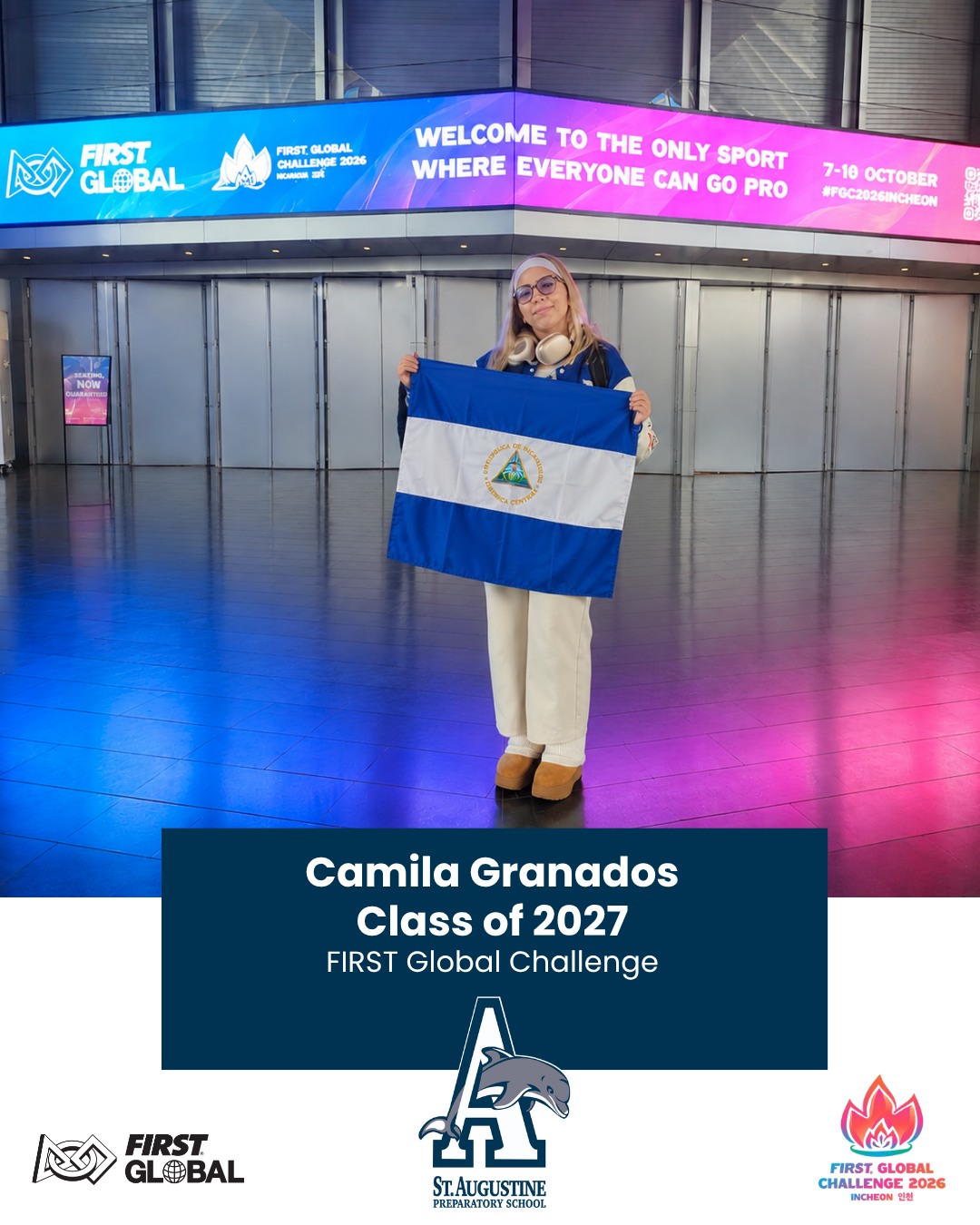 Wishing our student Camila Granados (Class of 2027) the best of luck as she and her team represent Nicaragua at this year's FIRST Global Challenge in Incheon, Republic of Korea! The FIRST Global Challenge is an international robotics competition where students solve real-world engineering problems using STEM skills.
#GoDolphins #BuildingKnowledge
