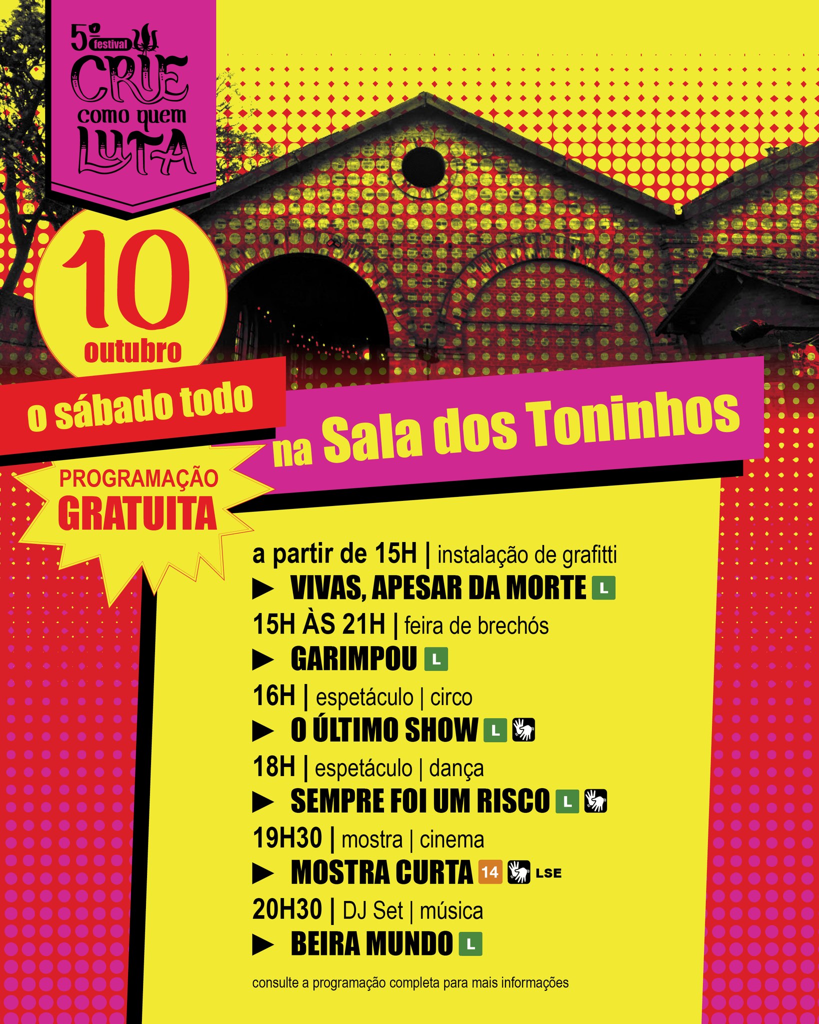 No dia 10 de outubro, a @saladostoninhos recebe programação gratuita que celebra a criação, os encontros e a potência da arte feita por mulheres no Festival CRIE como quem LUTA ✨
Ao longo do dia, você poderá acompanhar a instalação de grafitti, garimpar peças na feira de brechós @garimpou.afeira , se divertir com o espetáculo circense O Último Show, se emocionar com a dança de Sempre Foi Um Risco, assistir a sessão especial da @mostracurta e encerrar a noite ao som do DJ set @beira.mundo
Uma programação diversa, gratuita e aberta a todas as pessoas que acreditam na arte como espaço de encontro, expressão e transformação.
🎟️ Todas as atividades são gratuitas, é só chegar!
🚗 Estacionamento gratuito na Sala dos Toninhos.
Chame quem você ama, compartilhe este convite e venha viver um dia com muita cultura em Campinas!