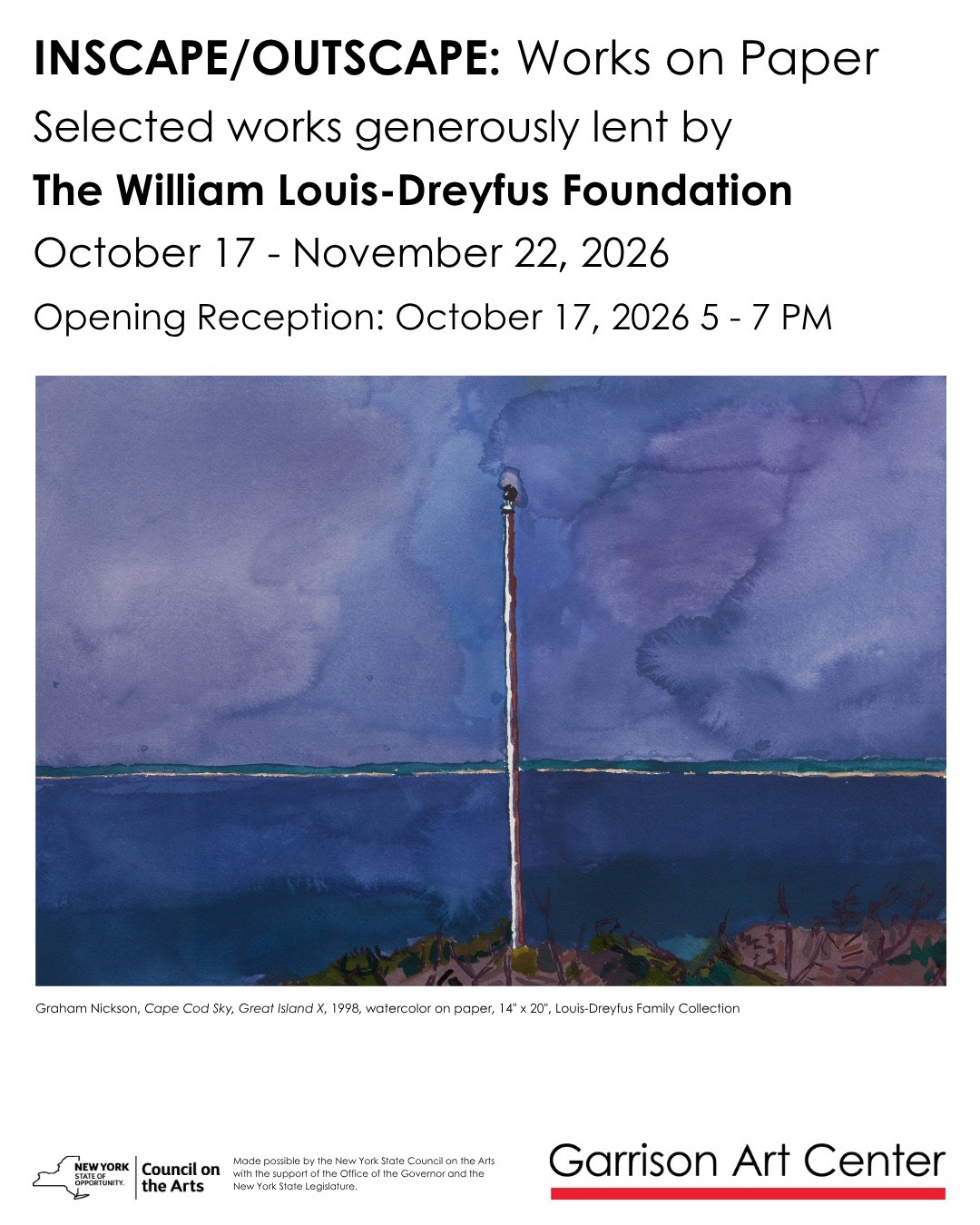 Join us for the opening reception of 'INSCAPE/OUTSCAPE: Works on Paper,' featuring selected works generously lent by The William Louis-Dreyfus Foundation, next Saturday, October 17, from 5 - 7 PM.
'INSCAPE/OUTSCAPE: Works on Paper' displays selected works generously lent by The William Louis-Dreyfus Foundation. Grounded in verticality, contrast, and structural detail, this nearly monochromatic collection explores architectural forms and the interplay of shadow and light. By examining the boundaries between interior and exterior, presence and absence, the exhibition invites viewers to reflect on how both literal and metaphorical environments shape our perception and way of seeing the world.
To learn more about the exhibition please visit the link in our Instagram bio or visit our website.
Graham Nickson
'Cape Cod Sky, Great Island X,' 1998, Watercolor on paper, 14" x 20"
Louis-Dreyfus Family Collection
#GarrisonArtCenter #thewilliamlouisdreyfusfoundation #WorksonPaper #myhvconnect