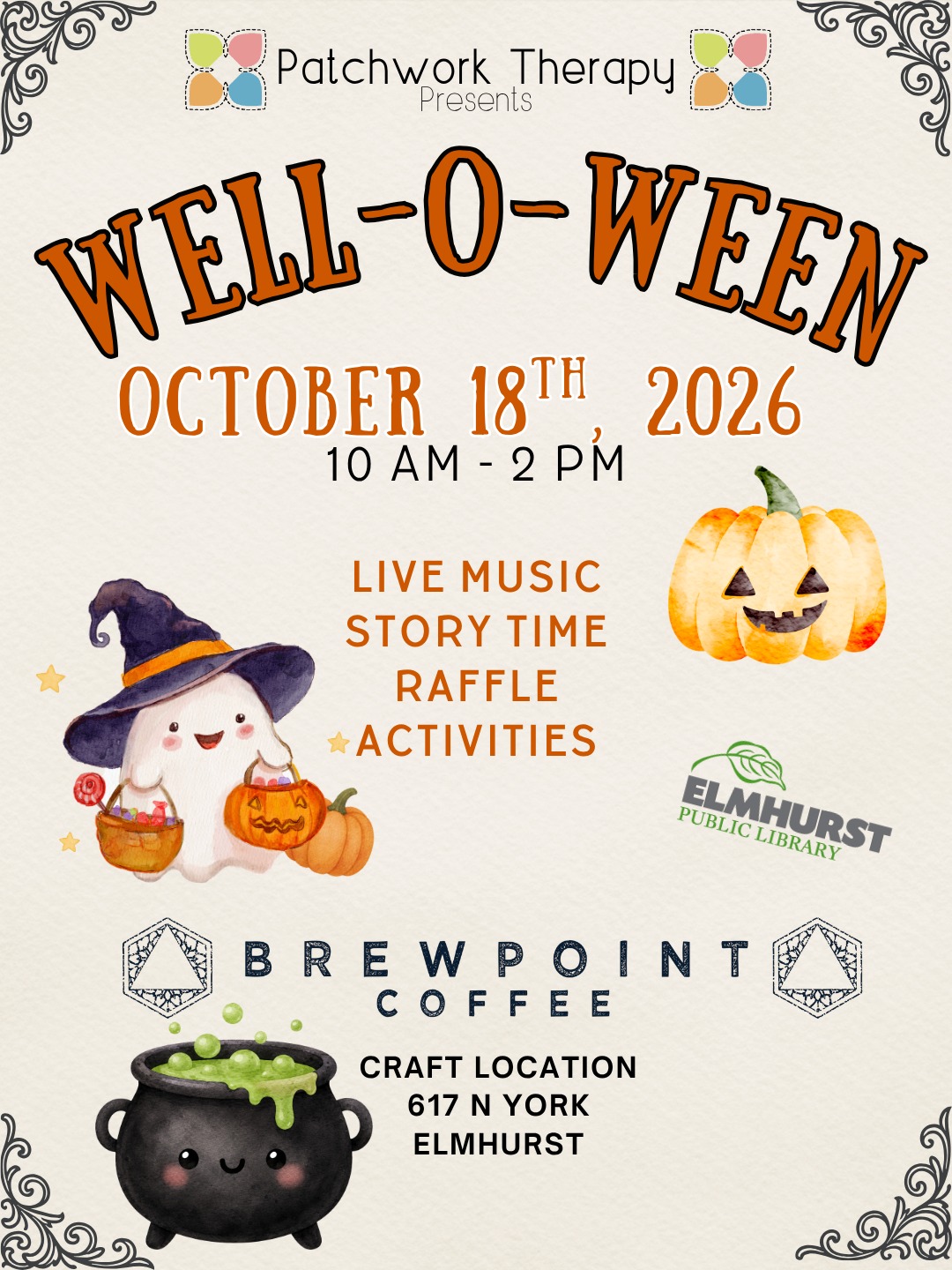 👻 We love our Elmhurst community! 👻
Well-O-Ween is brought to you by Patchwork Therapy & Brewpoint Coffee, with a special storytime hosted by Elmhurst Public Library. It takes a village to throw a party this good!
Come celebrate with us:
🗓️ Sunday, October 18th
⏰ 10 AM – 2 PM
📍 Brewpoint Craft — 617 N York St, Elmhurst
Costumes encouraged, coffee recommended. ☕🎃
#WellOWeen #ElmhurstPublicLibrary #CommunityEvent #ElmhurstIL