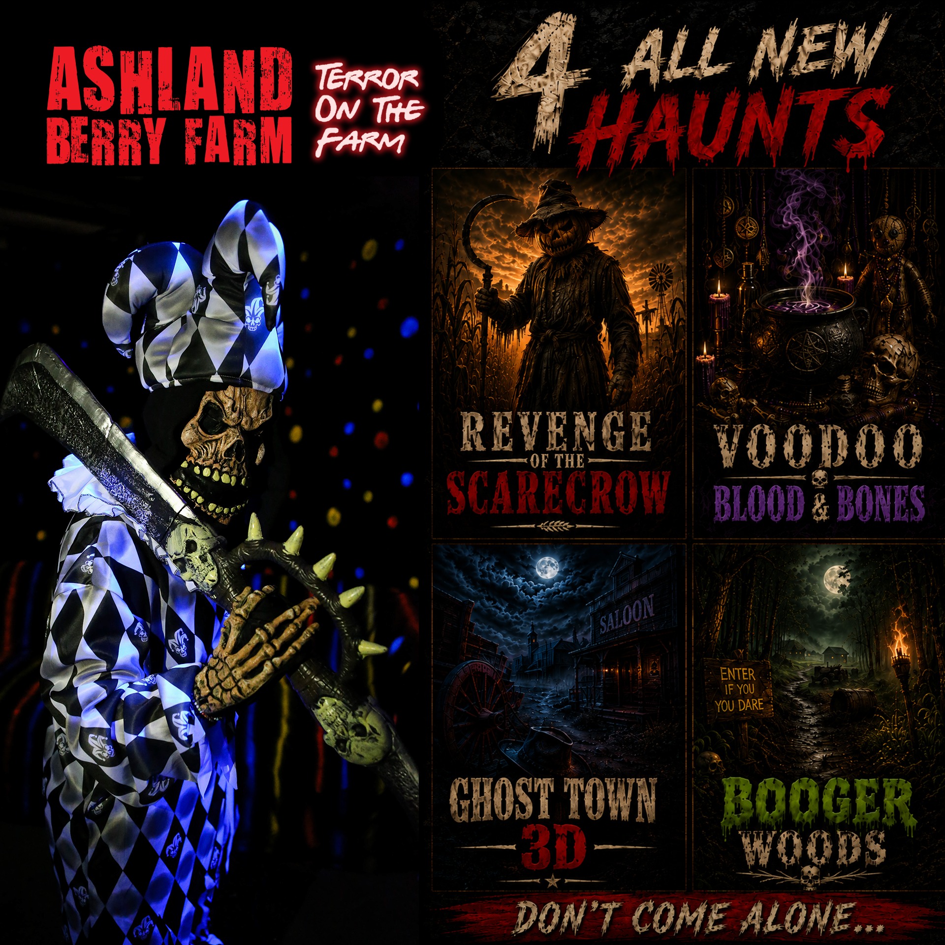 Terror on the Farm brings you four new frightening experiences π§ββοΈ
Revenge of the Scarecrow π½
Voodoo Blood & Bones β
Ghost Town 3D π»
Booger Woods π²
Can you handle these haunts? See for yourself only at Ashland Berry Farm. And remember... don't go alone π