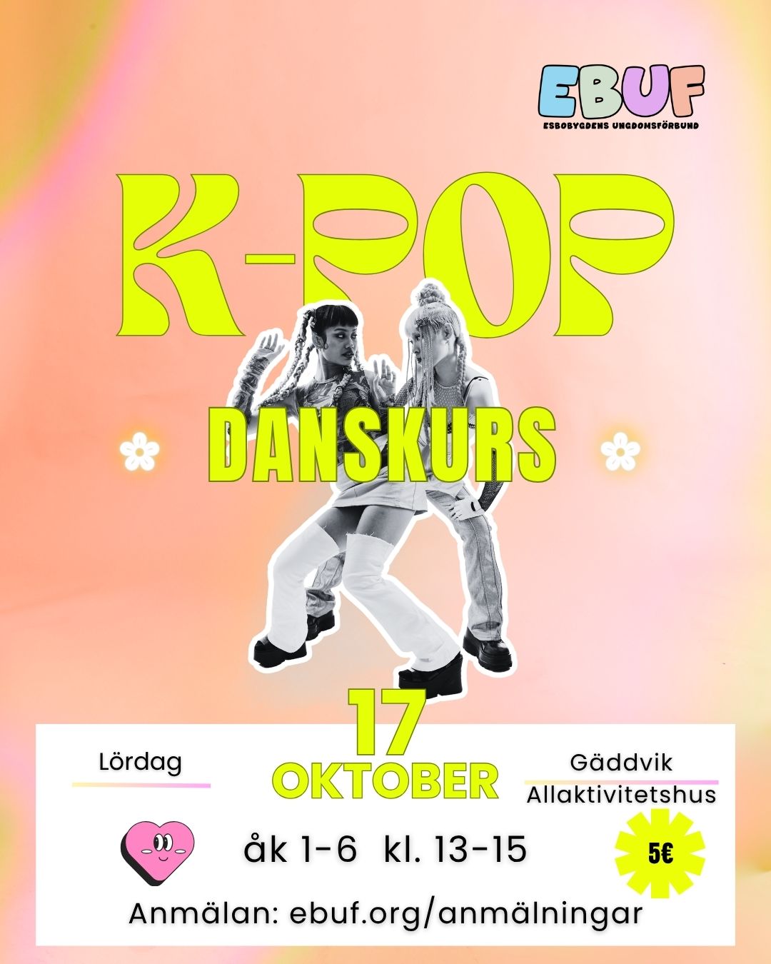 Vi ordnar en kurs K-pop för dansintresserade i åldern 7-9 och 10-13 åringar🤩🧡OBS nytt datum! Kursen ordnas lördagen den 21.3.2026
K-pop är en fartfylld och energisk dansstil från Sydkorea som dansas till koreansk popmusik. Stilen är känd för sina synkroniserade rörelser och kombinerar element från bland annat hiphop, jazz och modern dans.
Mer info och anmälan hittar ni på hemsidan💃🕺🪩
#ebuf #k-pop #dans #kpop