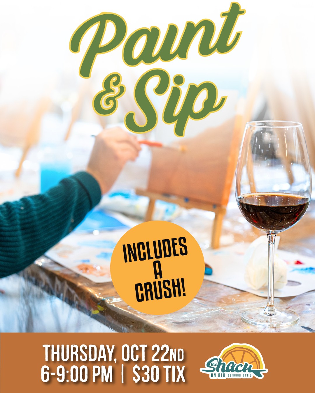 Sip, paint & get tote-ally creative! 🎨👜🍊
Join us for another Paint & Sip with Rachel Vincent on Thursday, October 22 from 6–9PM at The Shack!
This time, we’re painting totes! Create a bag that’s uniquely yours while sipping and spending a cozy October evening with us. No experience necessary, just paint at your own pace and have fun with it!
Your ticket includes:
🎨 Painting supplies
👜 One tote to paint and take home
🍊 One crush
Food and additional drinks will be available for purchase throughout the evening.
Limited seats available! Grab your ticket, bring your friends, and let’s turn a blank tote into your new favorite accessory! ✨
🎟️: Link in bio!