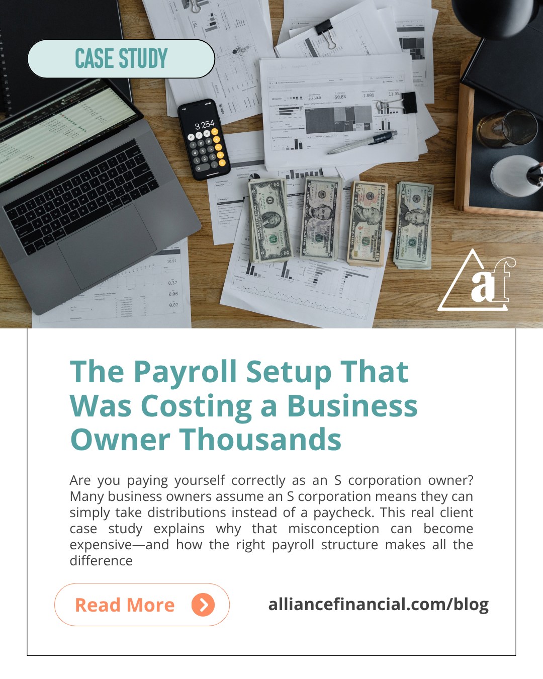 Being an S corporation owner doesn’t mean you can skip payroll and simply pay yourself through distributions.
One business owner learned just how expensive that misconception can be.
In this case study, we’re breaking down what was wrong with their payroll setup, why it was costing them thousands, and how getting the right structure in place helped correct the problem.
Because when it comes to payroll and taxes, what you don't know can get expensive.
Read the full case study at 🔗 alliancefinancialinc.com/blog.