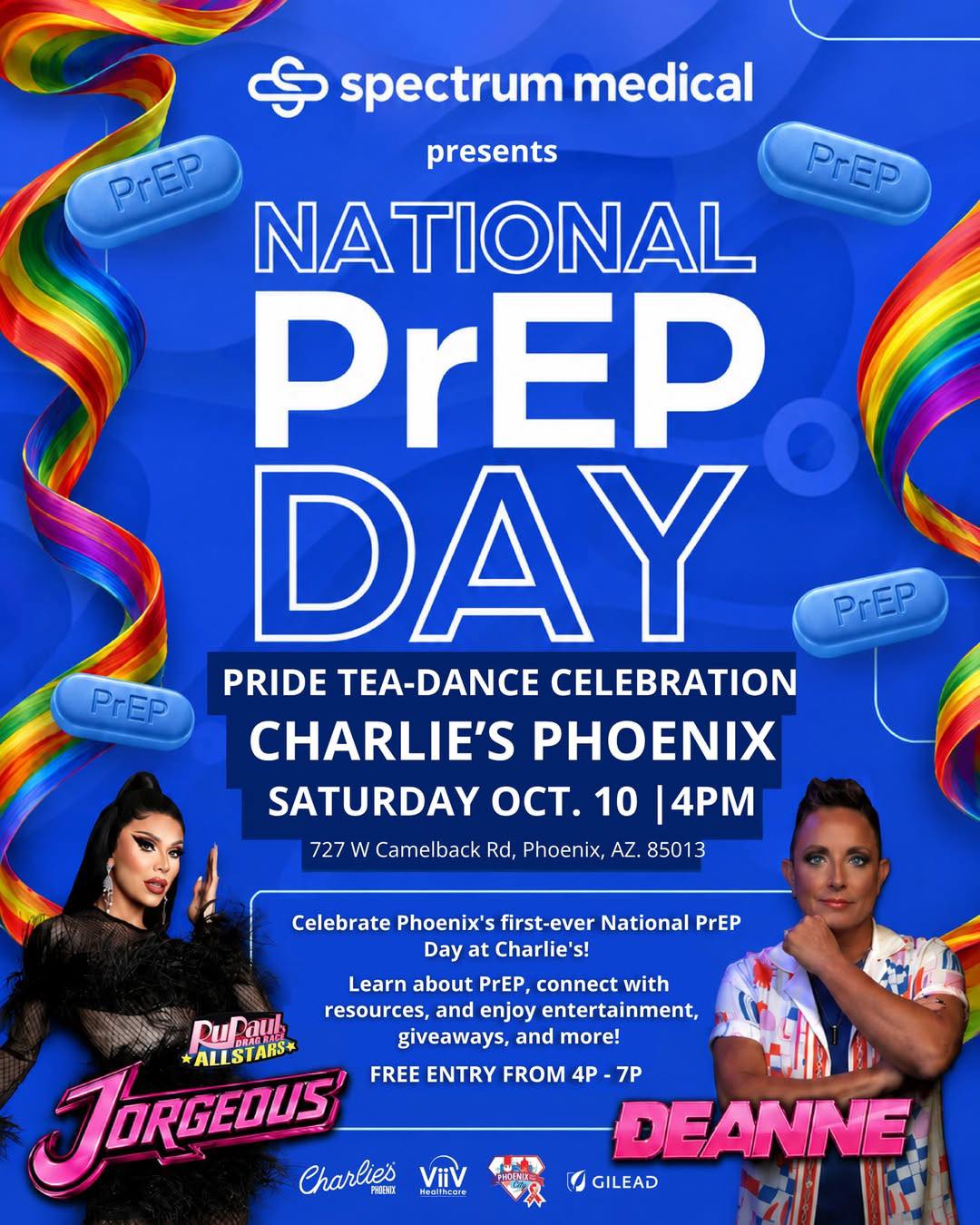🌈🔥 HAPPENING NOW AT CHARLIE’S PHOENIX! FREE ENTRY UNTIL 7PM! 🏳️🌈🎉
Spectrum Medical is taking over Charlie’s Phoenix for a special NATIONAL PrEP DAY TEA DANCE, and the party is happening RIGHT NOW! 💃🪩
🎧 Dance to the beats of DJ DEANNE!
👑 Meet special guest JORGEOUS from RuPaul’s Drag Race!
🎉 Games, giveaways, and fabulous prizes!
💙 Learn about oral and injectable PrEP options!
❤️ Connect with sexual health resources and access on-site HIV/STI testing!
⭐ WANT TO MEET JORGEOUS? Complete an eligible event activity to receive Meet & Greet access! Stop by to learn how!
🎟️ FREE ENTRY FROM 4PM–7PM! 🎟️
📍 CHARLIE’S PHOENIX
727 W. Camelback Rd.
🌈 GET DOWN HERE! THE MUSIC IS PLAYING, THE PARTY IS ON, AND ADMISSION IS FREE UNTIL 7PM! 🔥
#CharliesPHX #AlwaysAParty #NationalPrEPDay #SpectrumMedical #Jorgeous #PhoenixPride #PhoenixPride2026 #LGBTQHealth #GayPhoenix