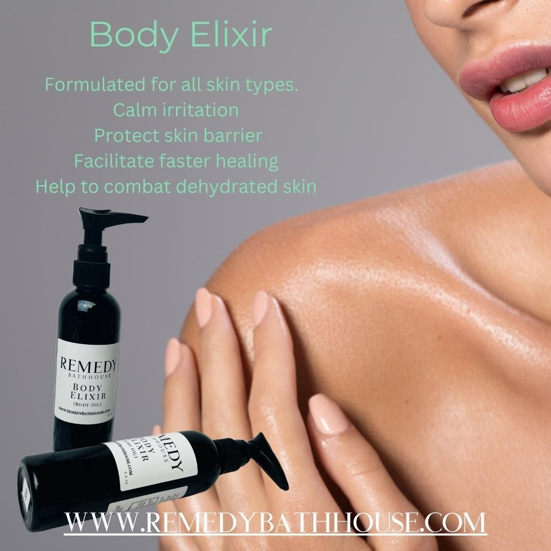 Formulated for all skin types. The attributes of Body Elixir oils used calm irritation, protect skin barrier, facilitate faster healing, help to combat dehydrated skin. High in antioxidants and made to assist, balance and condition skin. Can help to restore even skin tone with long term daily use.
The driving force for creating healthy nourishing everyday skin care is to keep skincare simple without unnecessary ingredients. Our line of soaps and body care are for those who want distinctly different products with the best ingredients. REAL Soap and skincare for those who don't compromise on quality.
Remedy formulates body and skin care products that harness botanical benefits, adding good for you butters and oil infusions. Our mission is to provide skin care that is uncomplicated, using ingredients that are full of nature’s goodness.
Remedy Bath Houses Creates skincare especially for those who love the skin they're in.
www.RemedyBathHouse.com
All natural skin care. Shipped right to your door.
#naturalbodycare #albuquerque #ladiesnightout #RemedyBathHouse #skincare #skincareroutine #skincareproducts #skinhealth #skintransformation #naturalskincare #naturalbeauty #naturalsolutions #Skincare #remedybathhouse #skinlove #artisansoap #madeinNM #artisan #skinsoftening #soap #madeinNM #Abq