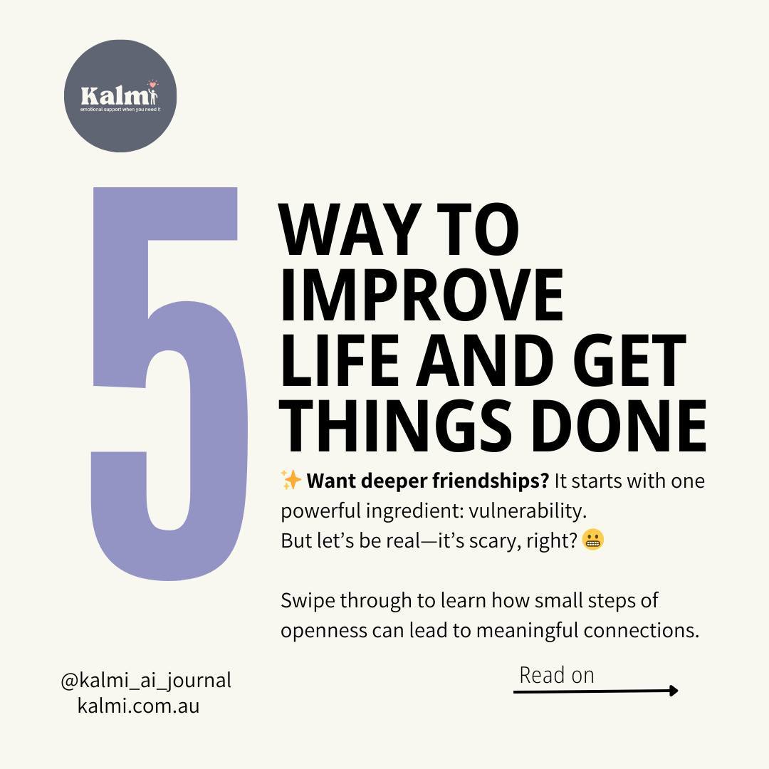 Building real friendships isn’t about oversharing—it’s about being brave enough to share something real. 💬
✨ Vulnerability builds trust, connection, and bonds that last. But where do you start?
Kalmi Lite can guide you through the process, one safe step at a time. 💛
👉 kalmi.com.au
#FriendshipGoals #Vulnerability #DeepConnections #SelfAwareness #EmotionalWellbeing #KalmiLite #AuthenticFriendships #AIForGood #YouAreEnough #PersonalGrowth