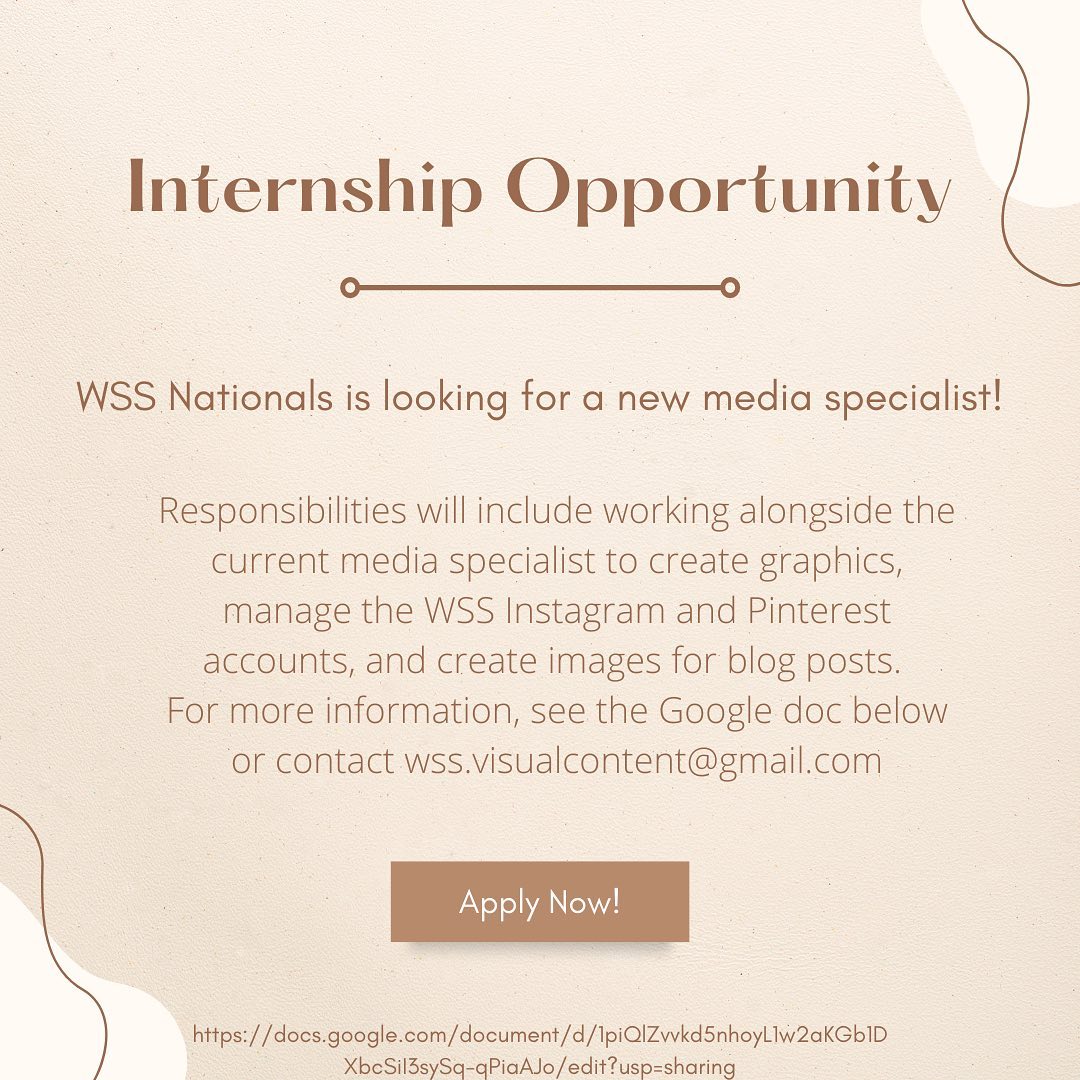 Interested in becoming more involved with WSS Nationals? We are looking for a new media specialist to create and post visual content! If you are interested, see the link below for more information and how to apply. No experience necessary, for more information feel free to DM us or contact wss.visualcontent@gmail.com! 🌟💻🧪
*
*
*
More information and how to apply: https://docs.google.com/document/d/1piQlZvvkd5nhoyL1w2aKGb1DXbcSiI3sySq-qPiaAJo/edit?usp=sharing
*
*
*
#womeninsciencesociety #womeninSTEM #socialmedia #visualcontent #photoediting #graphicdesign #internship #internshipopportunity