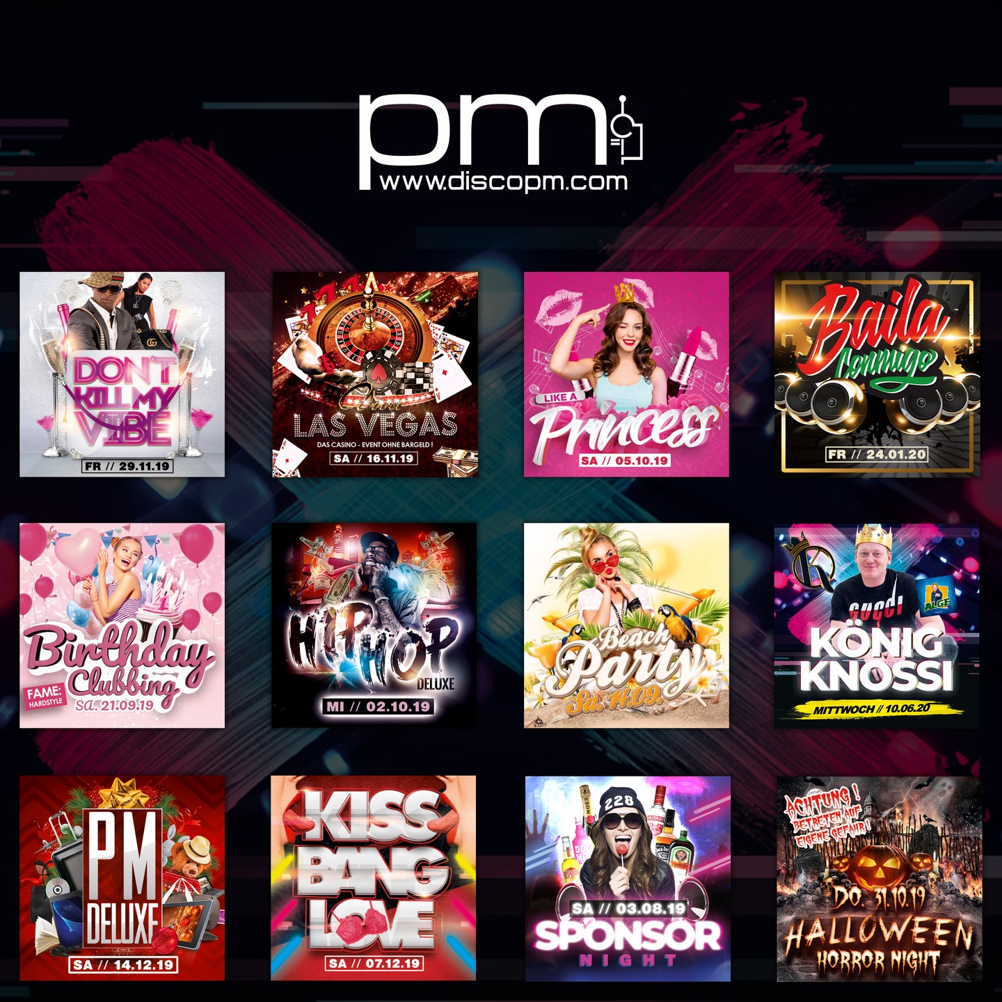 Kunde: Disco PM Untermeitingen
Projekt: Eventgrafiken
#grafik #motion #marketing #kampagne #design #krisma #werbung #werbeagentur #logo #göttingen #kassel #northeim #niedersachsen #rosdorf #reinhausen #hannover #hildesheim