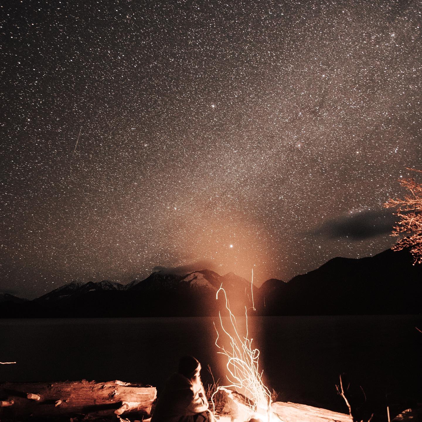 Calm quiet waters of nimpkish lake. A warm fire to keep the cold of April at bay.
#vanlife #stars #ontheroad #campfire #explorebc
