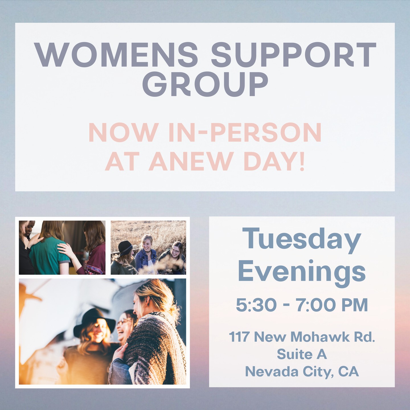 Our Women's Support Group is currently being held IN-PERSON at Anew Day every Tuesday evening from 5:30 to 7PM. This group is drop-in and FREE. Come join other women looking for support in navigating life's challenges.