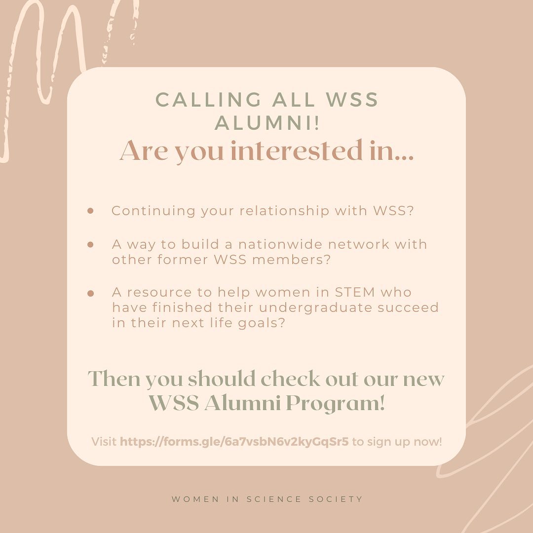 We are officially launching the WSS Nationals Alumni Program! 🎓💕
*
If you are a recent or upcoming graduate and are interested in being a part of our alumni program, fill out the link below to join the mailing list! 💌
*
https://forms.gle/6a7vsbN6v2kyGqSr5
*
*
*
#womeninsciencesociety #wss #womeninSTEM #wssalumni #alumniprogram #womeninscience #alumni