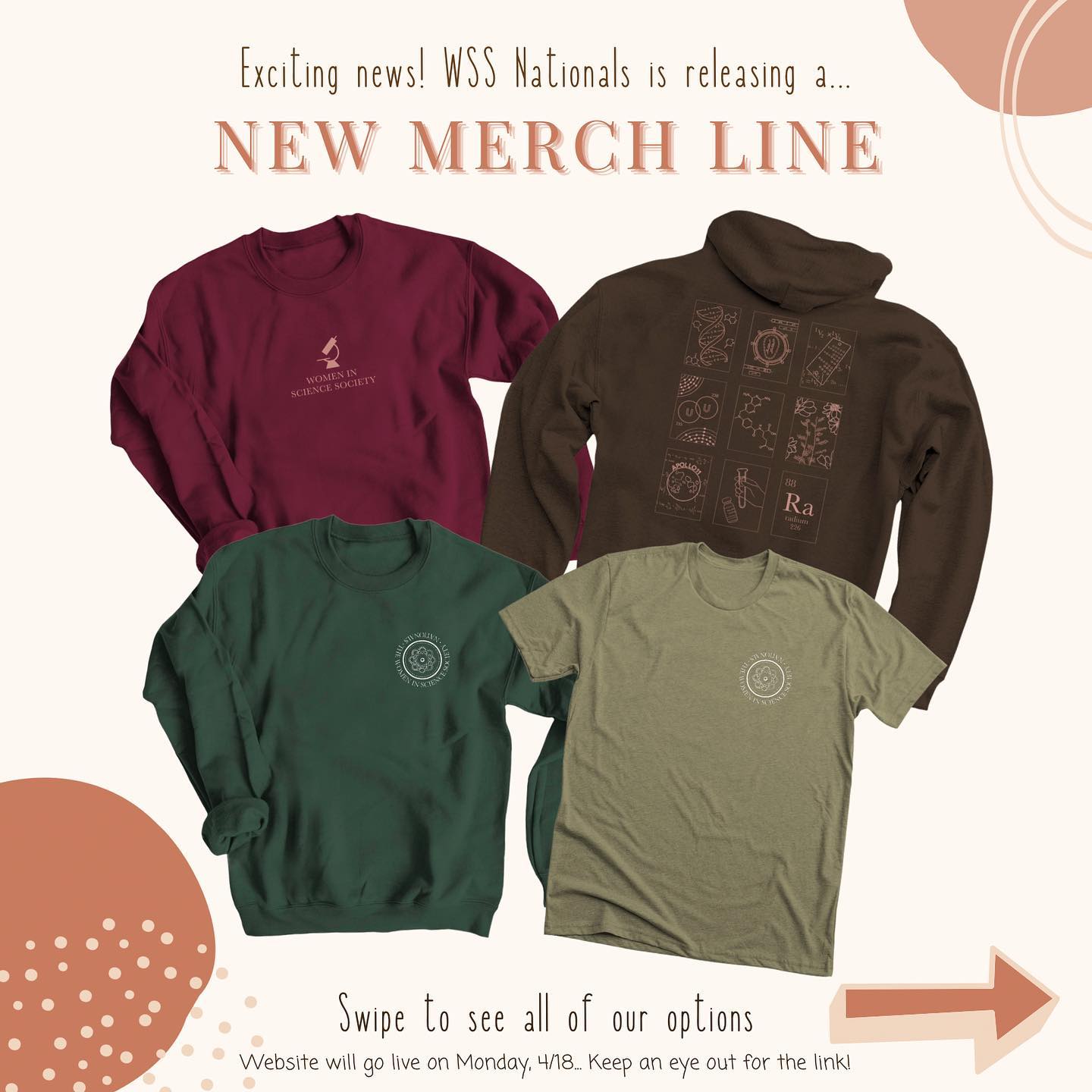UPDATE: Our website is now LIVE! See the link in our bio to order — will only be available until April 18th so be sure to check it out! 🎉
*
Exciting update… We have a new merch line releasing in just a few days!! Stay tuned for the link to purchase once it goes live! 🧬💕👕
*
*
*
#womeninscience #womeninsciencesociety #wss #merchandise #newmerch #womeninSTEM
