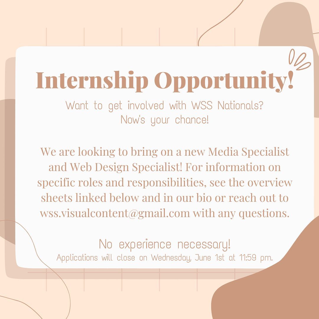 Are you interested in getting more involved with WSS on a national level? Apply NOW to be our new Co-Media Specialist or Web Design Specialist! Applications are open until 6/1 at 11:59 pm, click the link in our bio for more information and to access the applications! 📝🌟
*
Co-Media Specialist roles include creating content for our Instagram, Facebook, Pinterest, and Tiktok alongside our current Media Specialist.
https://docs.google.com/document/d/1piQlZvvkd5nhoyL1w2aKGb1DXbcSiI3sySq-qPiaAJo/edit?usp=sharing
*
Web Design Specialist roles include editing and uploading blog posts and cover photos, as well as keeping our website maintained.
https://docs.google.com/document/d/14xTV2eq3noYAAJ6mJxWqt4Gv25uFFN7nZebckCAiP_o/edit?usp=sharing
*
*
*
#womeninsciencesociety #wss #internshipopportunity #mediaspecialist #webdesign #application