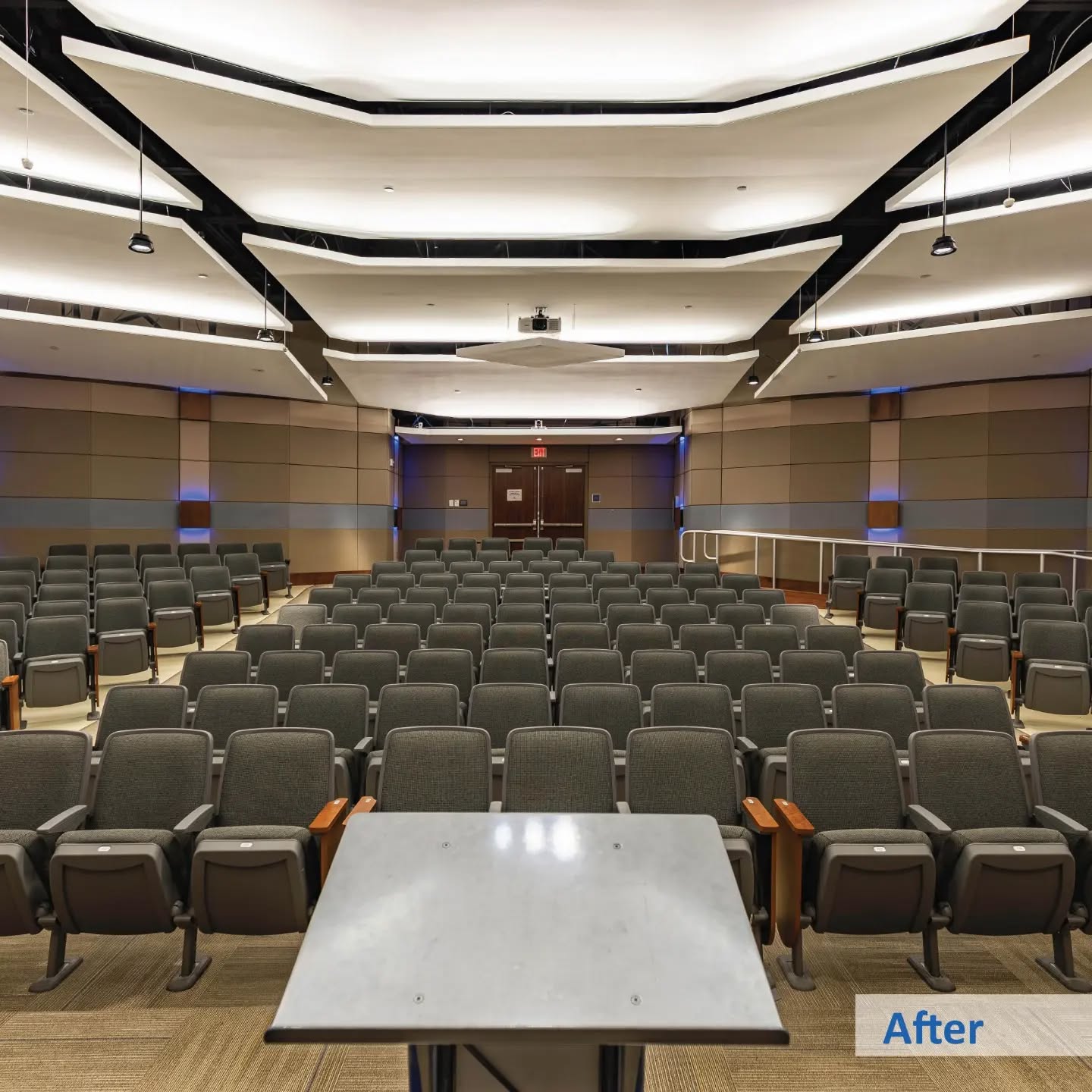 Wyly Tower Auditorium renovation at Louisiana Tech University. Swipe to see the difference a renovation can make. #highereddesign #yeagerwatson