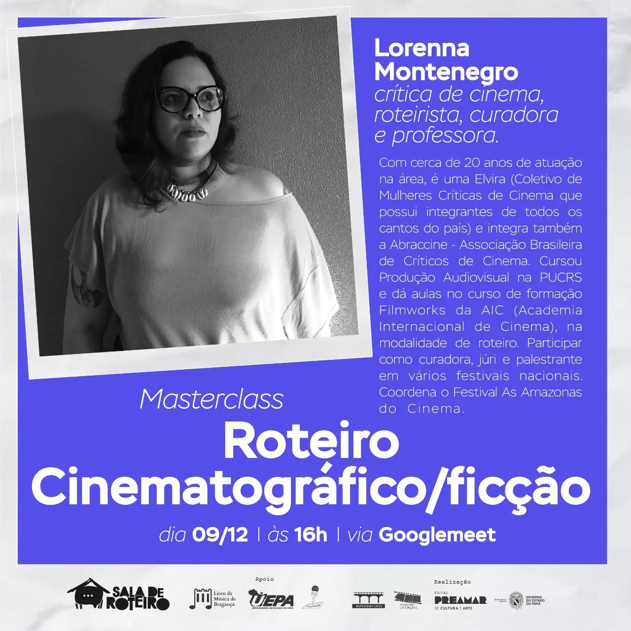 Masterclasses de Cinema. Venha e participe... não precisa inscrição prévia. O link da sala estará disponível na Bio 10min antes do encontro...
A "Sala de Roteiro" contou com a parceira do @projetoalunoreporter e @uepa_liceudamusica
Projeto contemplado pelo Edital Preamar de Arte e Cultura 2022.
@secultpara @san.marcelo.dp
Com apoio da @sapucaiafilmes e @escaletaproducoes