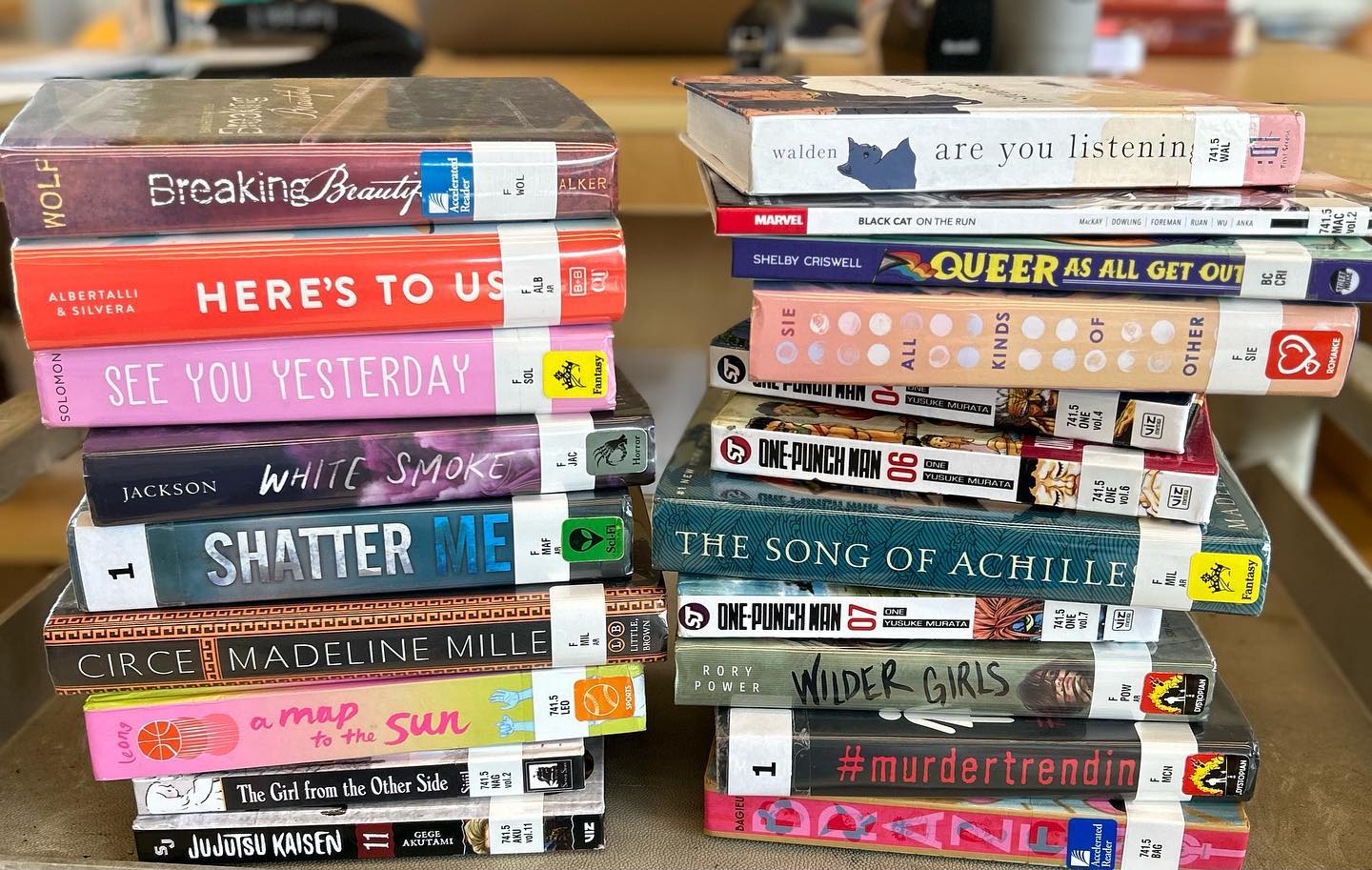 This afternoon’s book drop check ins. Happy Friday! #highschoollibrary #schoollibrary